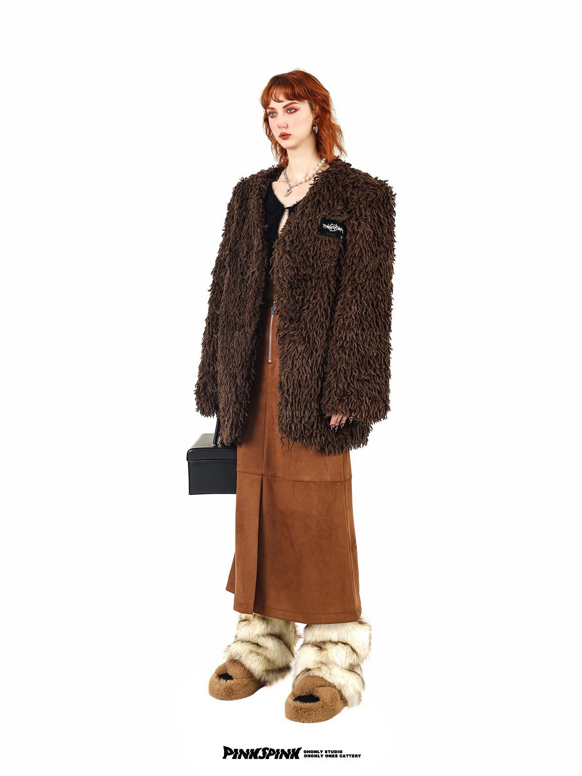 PINKSPINK Caramel Thorn Embroidery Zipper High Waist A Line Women's Suede Maxi Skirts