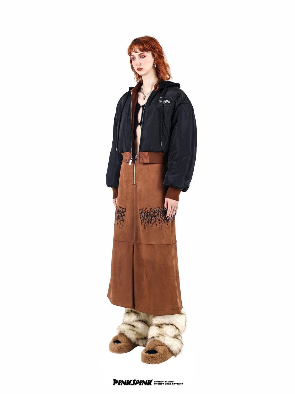 PINKSPINK Caramel Thorn Embroidery Zipper High Waist A Line Women's Suede Maxi Skirts