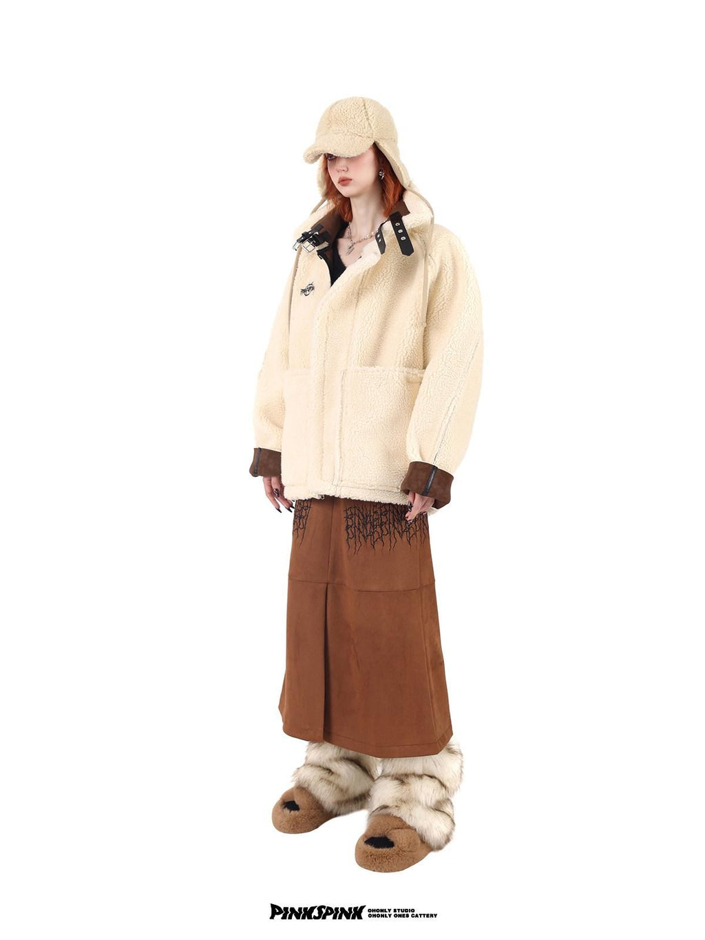 PINKSPINK Caramel Thorn Embroidery Zipper High Waist A Line Women's Suede Maxi Skirts