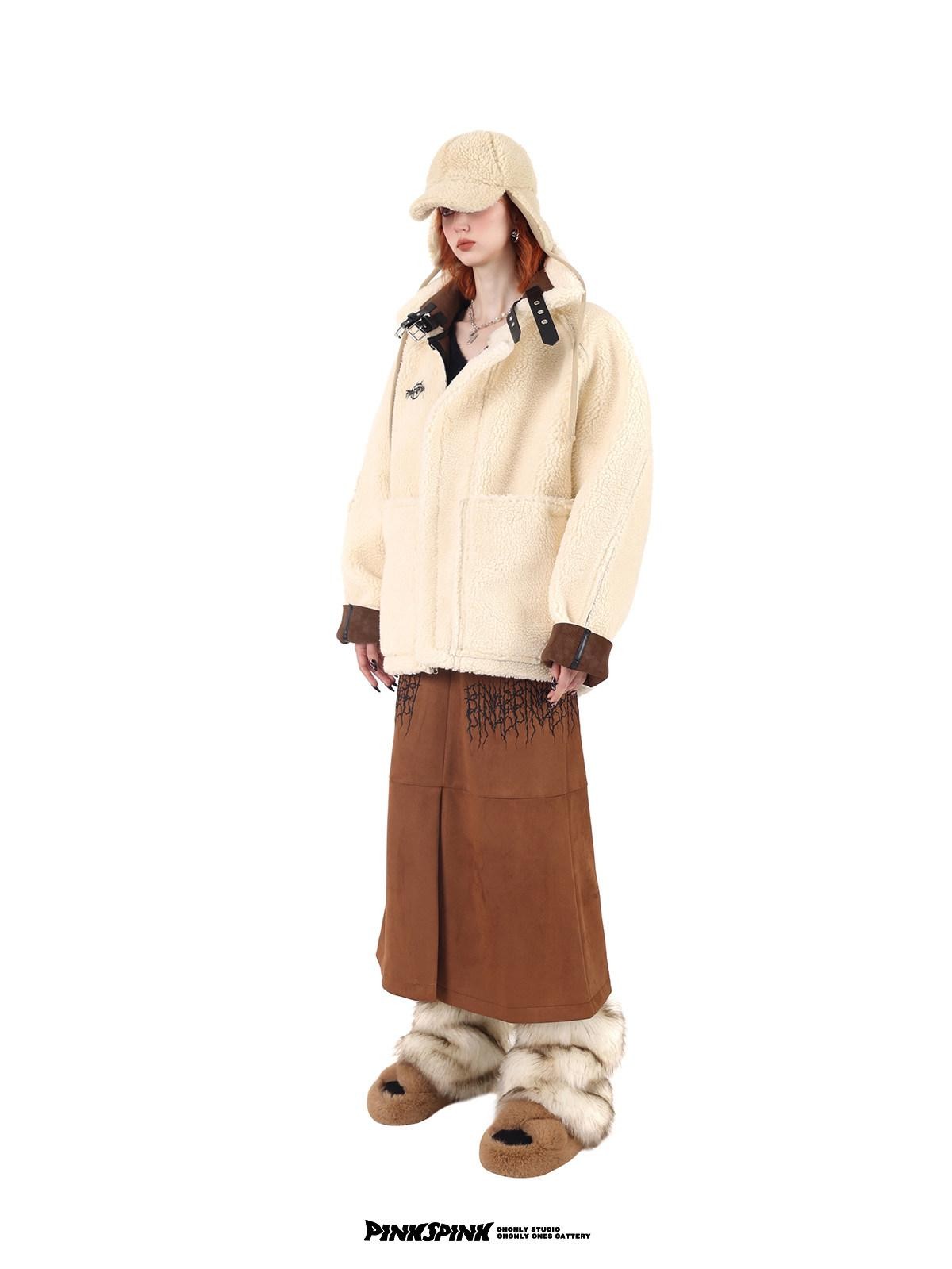 PINKSPINK Caramel Thorn Embroidery Zipper High Waist A Line Women's Suede Maxi Skirts