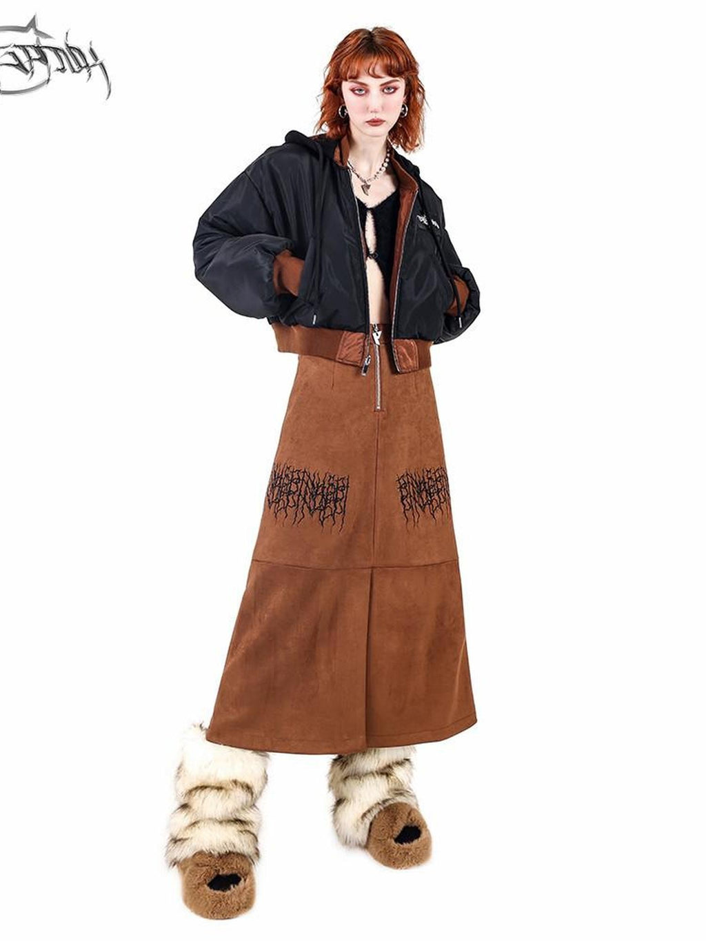 PINKSPINK Caramel Thorn Embroidery Zipper High Waist A Line Women's Suede Maxi Skirts