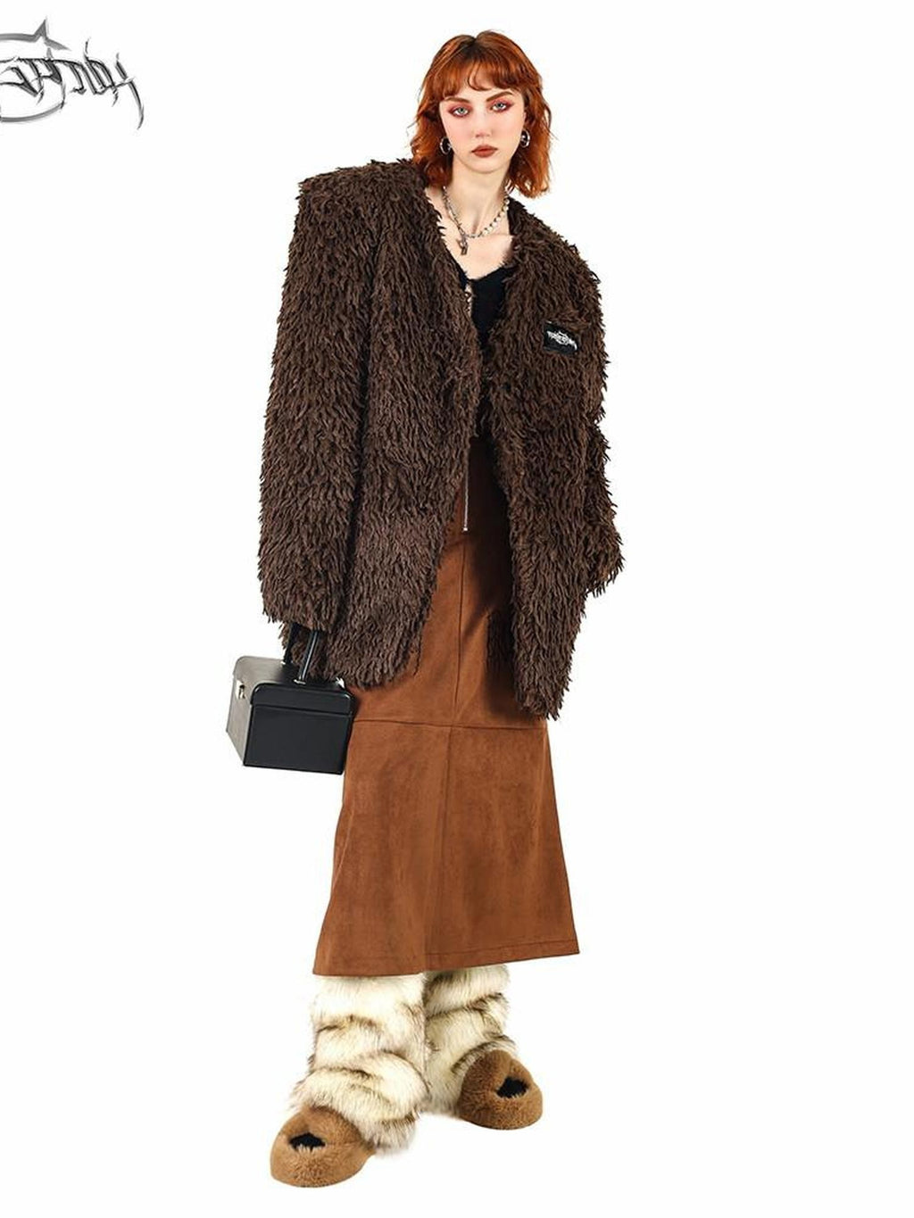 PINKSPINK Caramel V-neck Oversized Padded Shoulder Cardigan Women's Plush Fleece Jackets
