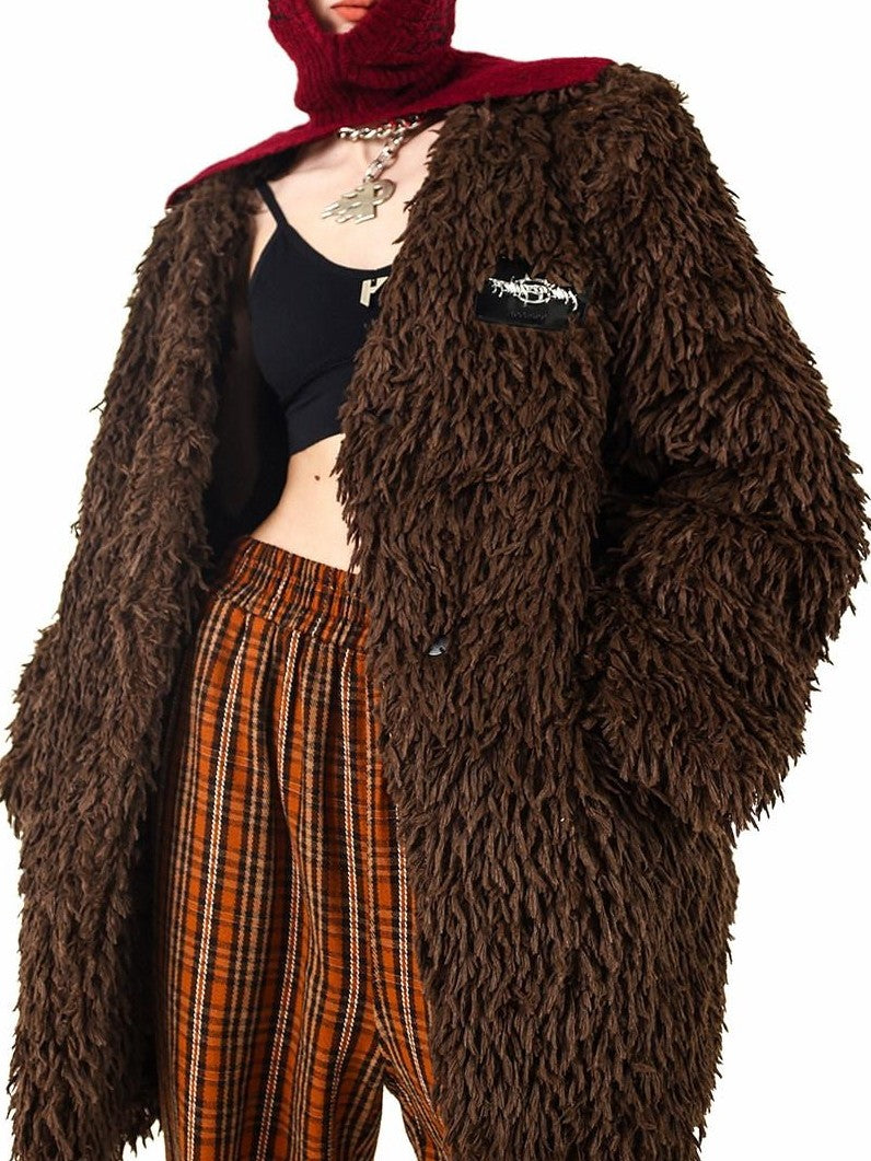 PINKSPINK Caramel V-neck Padded Shoulder Oversized Women's Plush Fleece Jackets