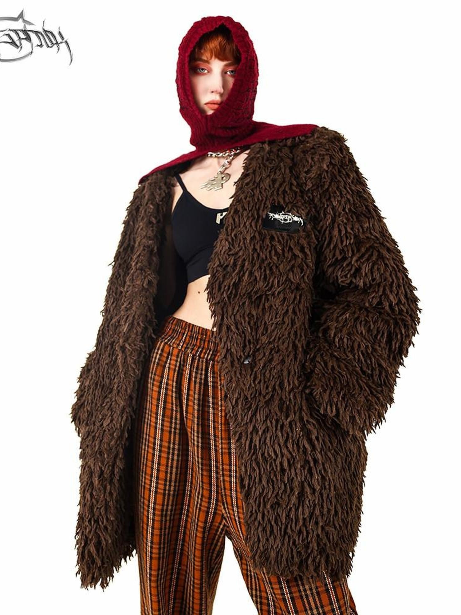 PINKSPINK Caramel V-neck Padded Shoulder Oversized Women's Plush Fleece Jackets