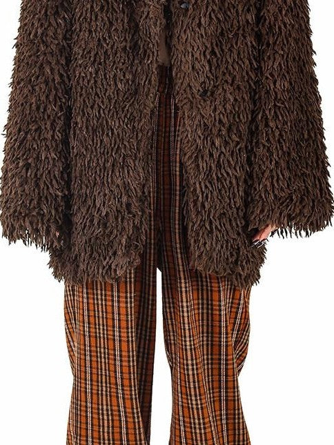 PINKSPINK Caramel V-neck Padded Shoulder Oversized Women's Plush Fleece Jackets
