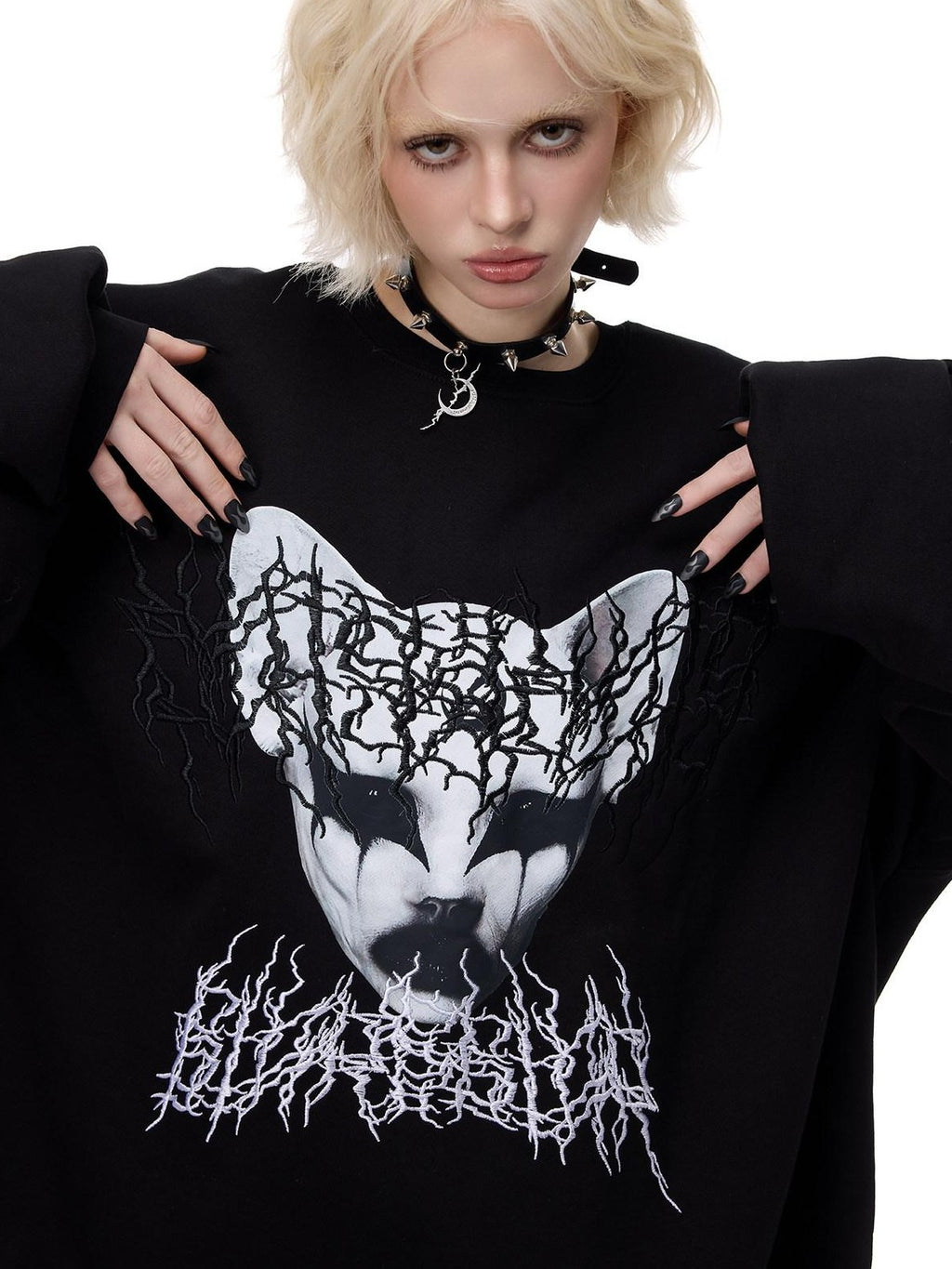 PINKSPINK Cat Black Metal Thorn Heavily Embroidered Letter Print Women's Sweatshirts