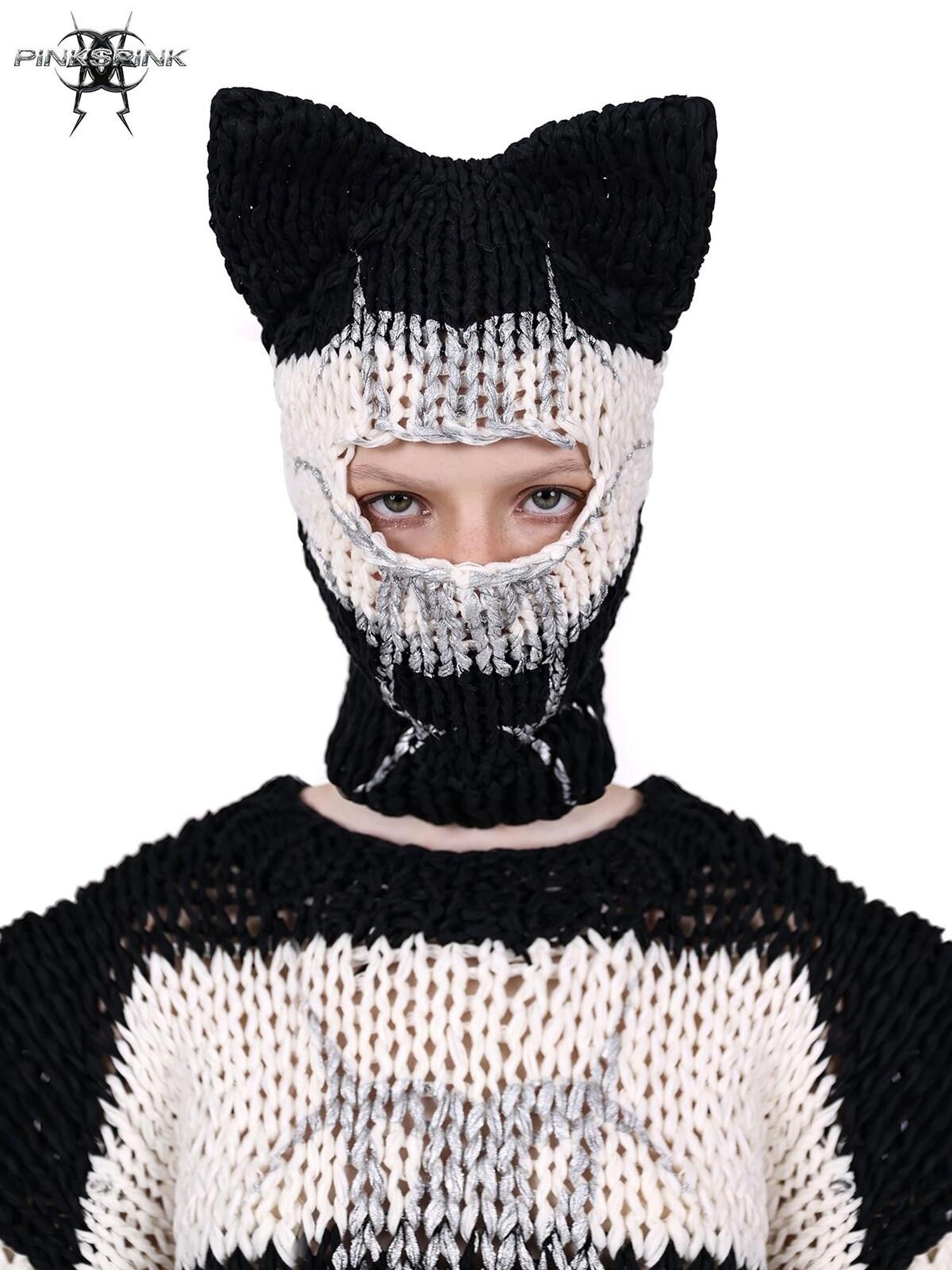 PINKSPINK Cat Ear Black White Striped Handmade Woven Street Style Women's Cotton Beanies