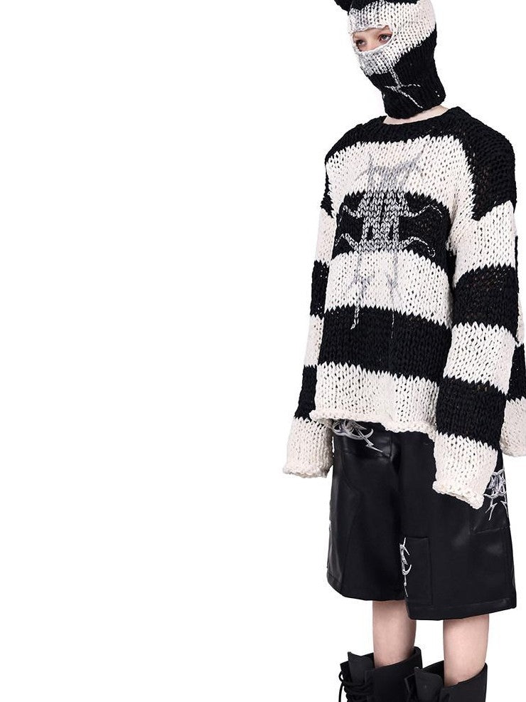 PINKSPINK Cat Ear Black White Striped Handmade Woven Street Style Women's Cotton Beanies