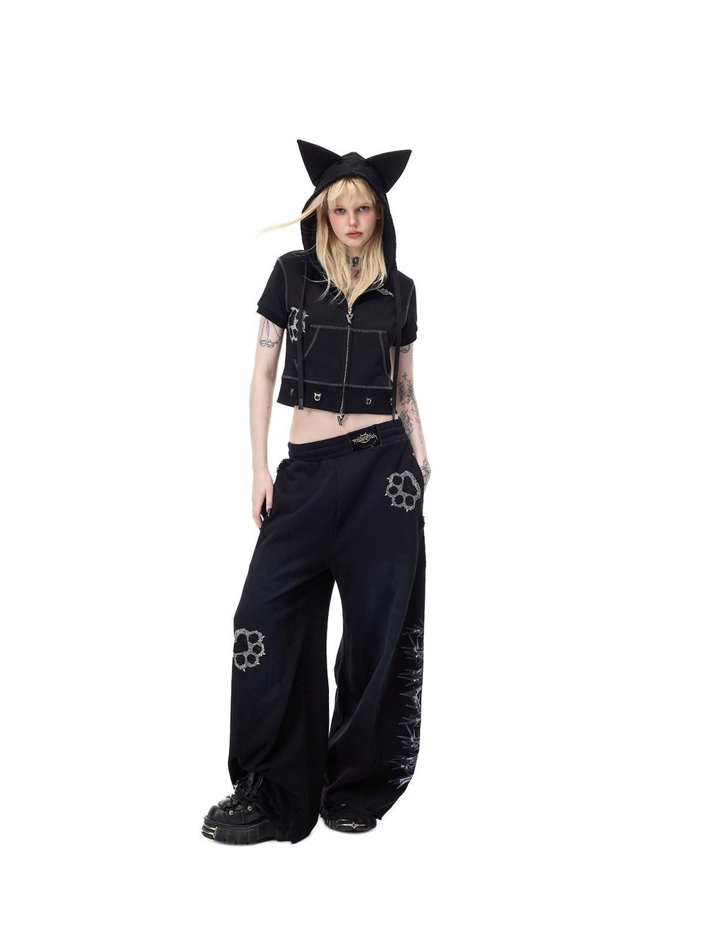 PINKSPINK Cat Ear Cat Paw Rhinestone Studded Camo Hand Distressed Women's Zip-up Hoodies