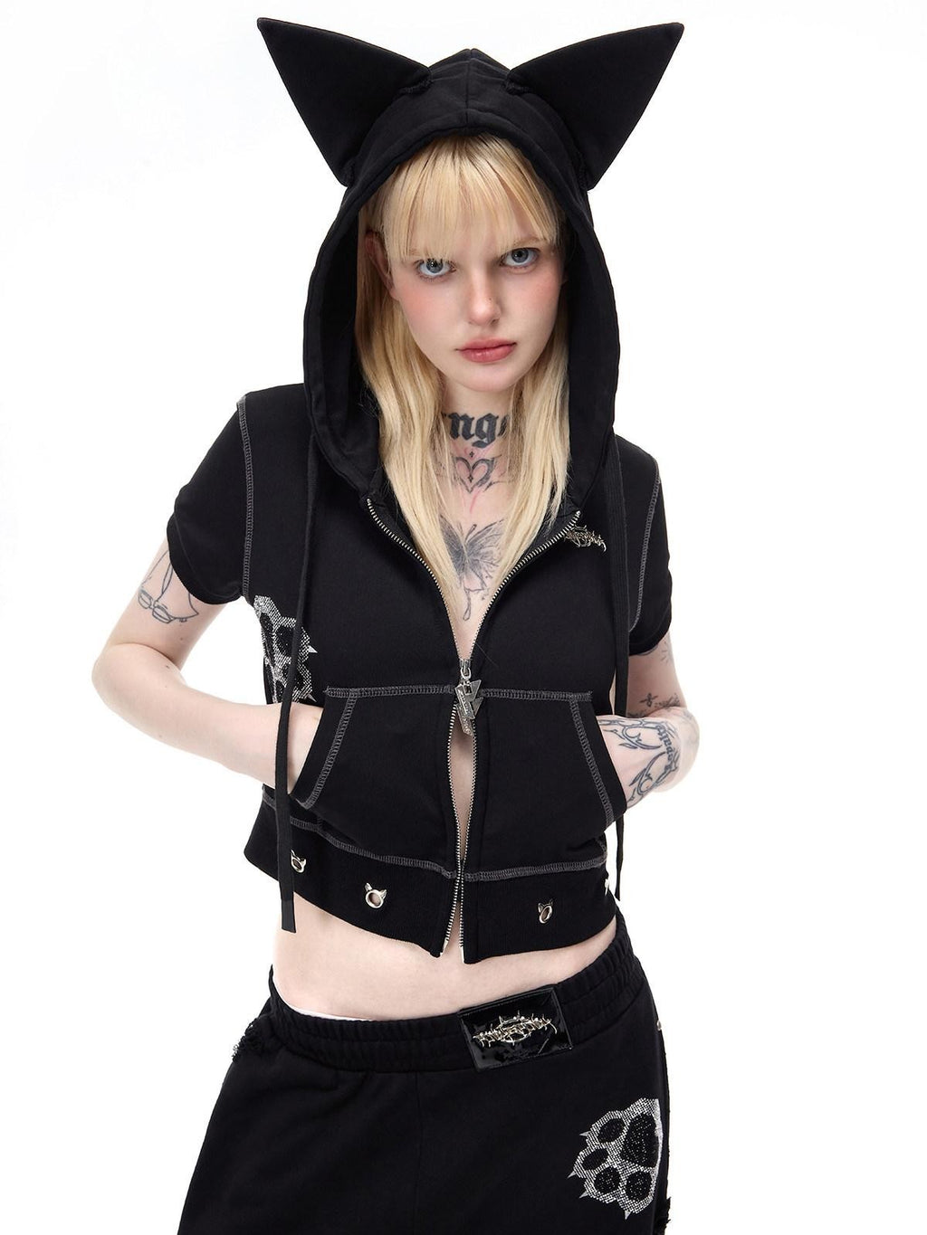 PINKSPINK Cat Ear Cat Paw Rhinestone Studded Camo Hand Distressed Women's Zip-up Hoodies