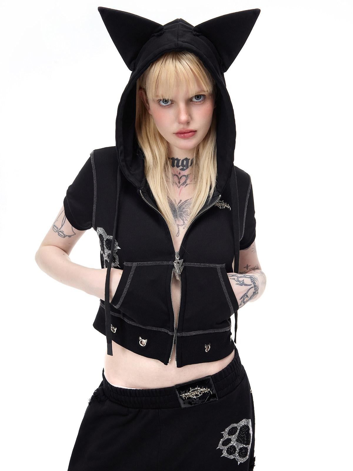 PINKSPINK Cat Ear Cat Paw Rhinestone Studded Camo Hand Distressed Women's Zip-up Hoodies