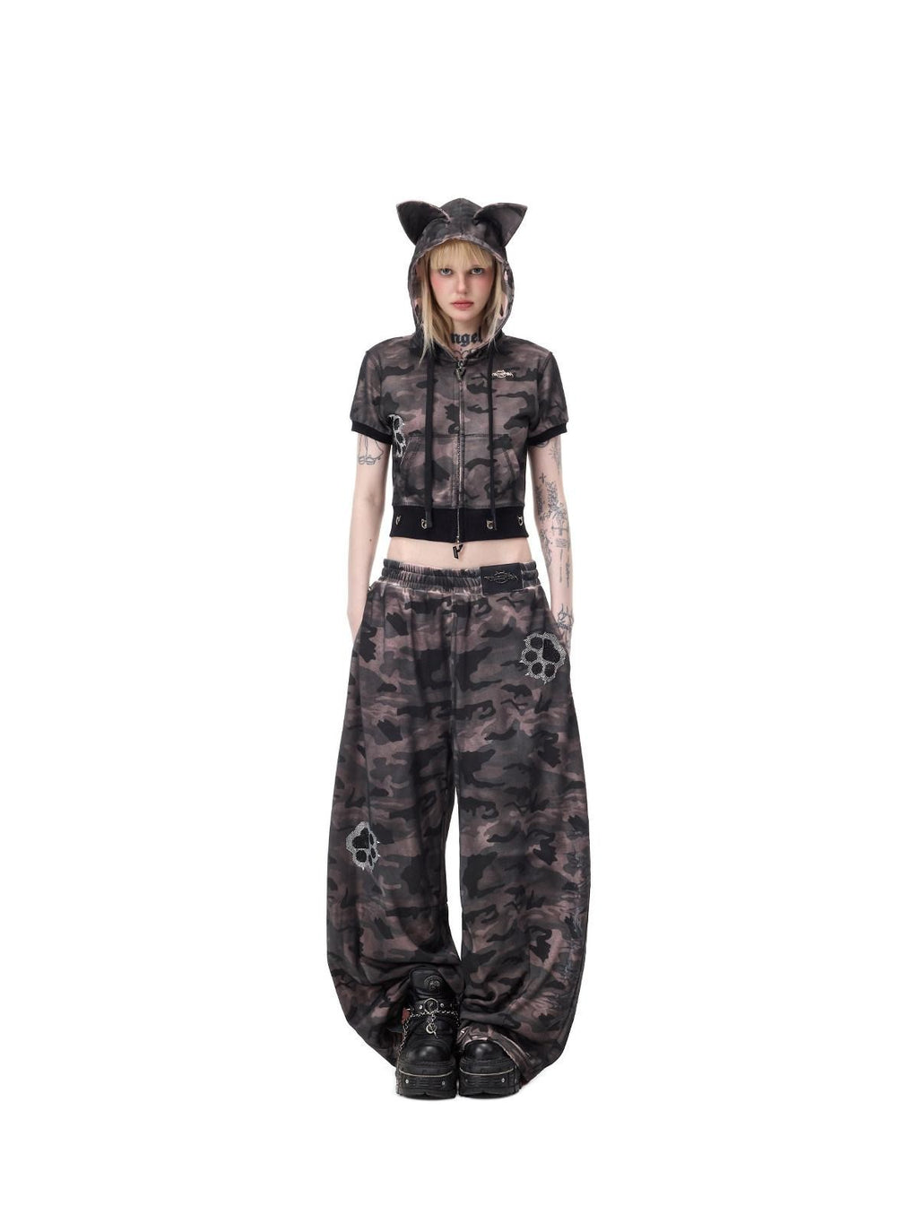 PINKSPINK Cat Ear Cat Paw Rhinestone Studded Camo Hand Distressed Women's Zip-up Hoodies