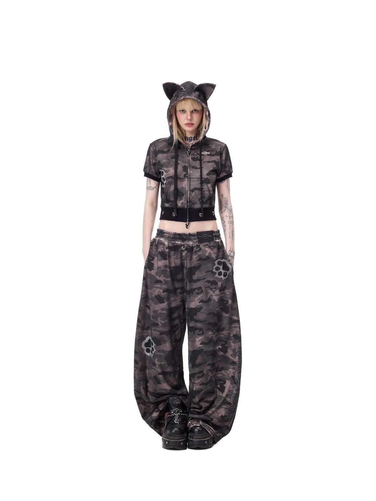 PINKSPINK Cat Ear Cat Paw Rhinestone Studded Camo Hand Distressed Women's Zip-up Hoodies