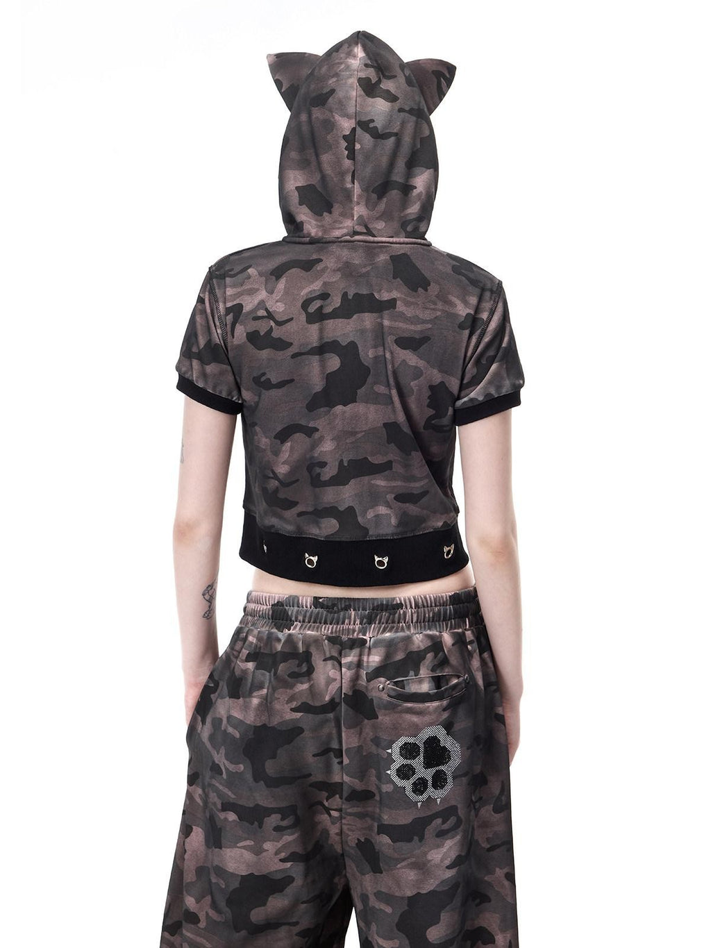 PINKSPINK Cat Ear Cat Paw Rhinestone Studded Camo Hand Distressed Women's Zip-up Hoodies