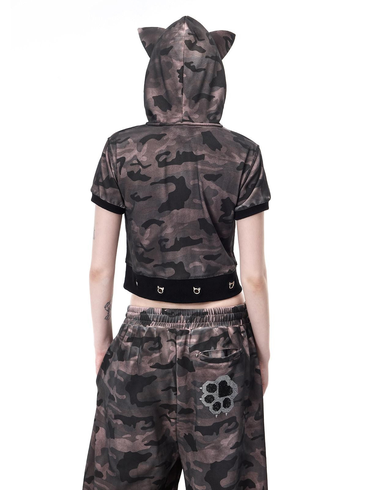 PINKSPINK Cat Ear Cat Paw Rhinestone Studded Camo Hand Distressed Women's Zip-up Hoodies