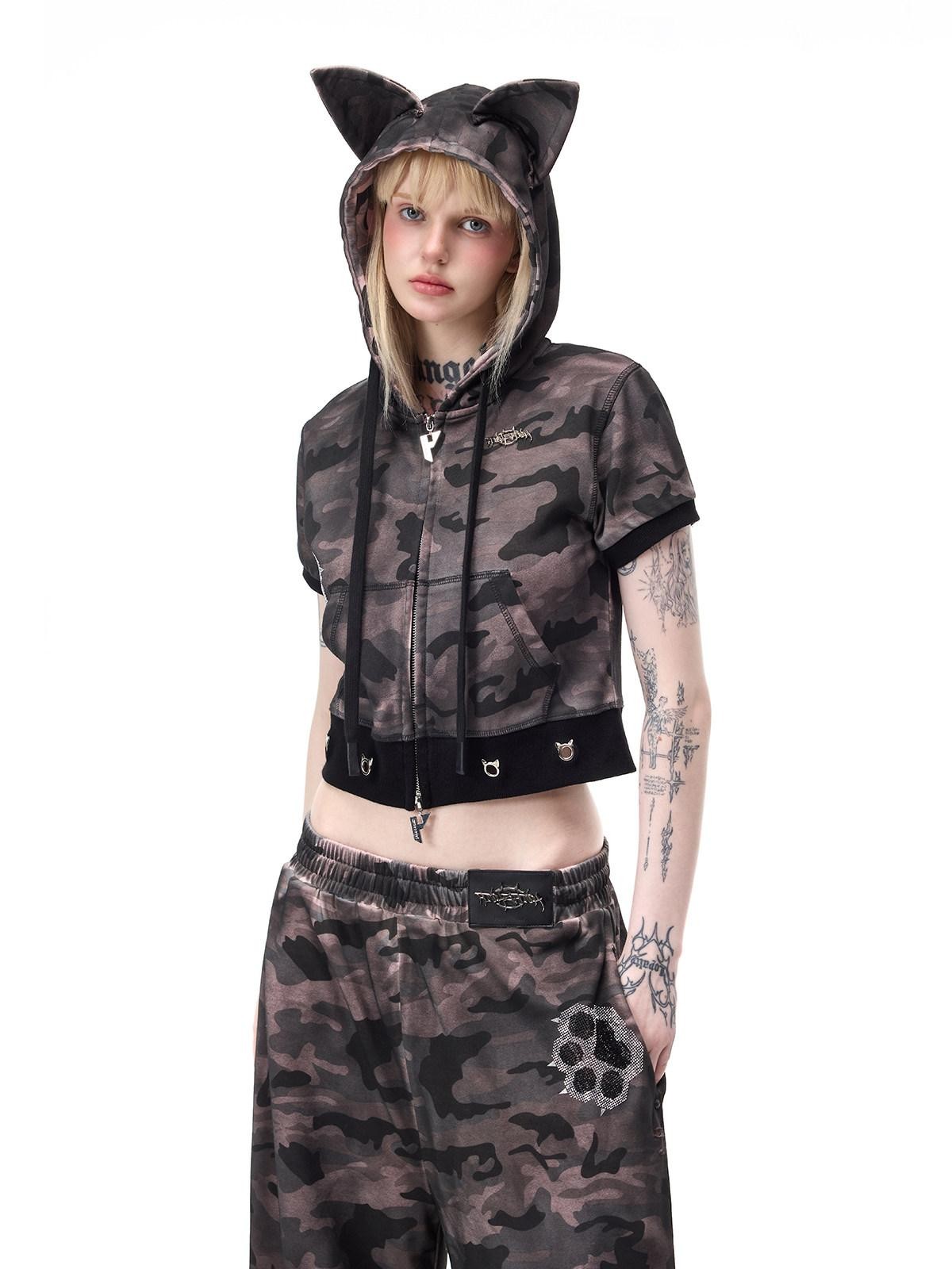 PINKSPINK Cat Ear Cat Paw Rhinestone Studded Camo Hand Distressed Women's Zip-up Hoodies