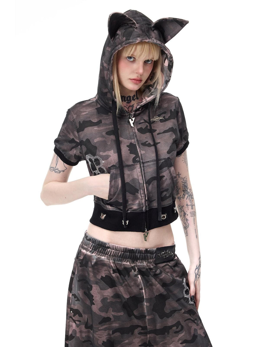 PINKSPINK Cat Ear Cat Paw Rhinestone Studded Camo Hand Distressed Women's Zip-up Hoodies