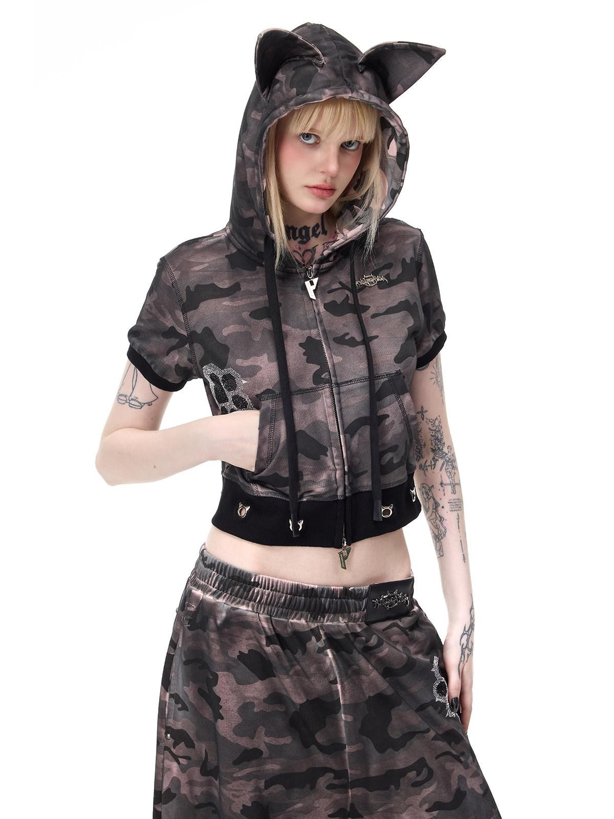 PINKSPINK Cat Ear Cat Paw Rhinestone Studded Camo Hand Distressed Women's Zip-up Hoodies