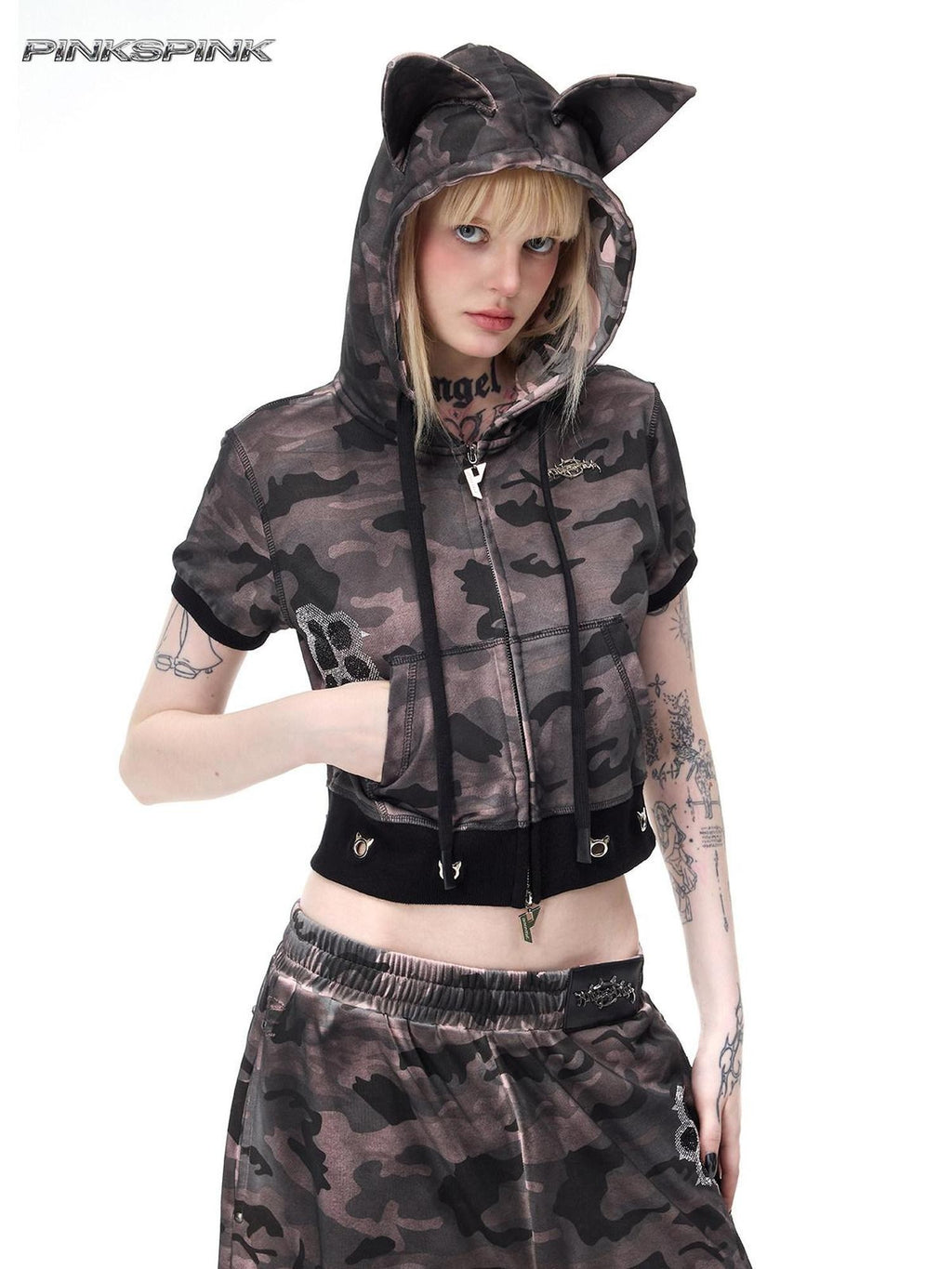 PINKSPINK Cat Ear Cat Paw Rhinestone Studded Camo Hand Distressed Women's Zip-up Hoodies