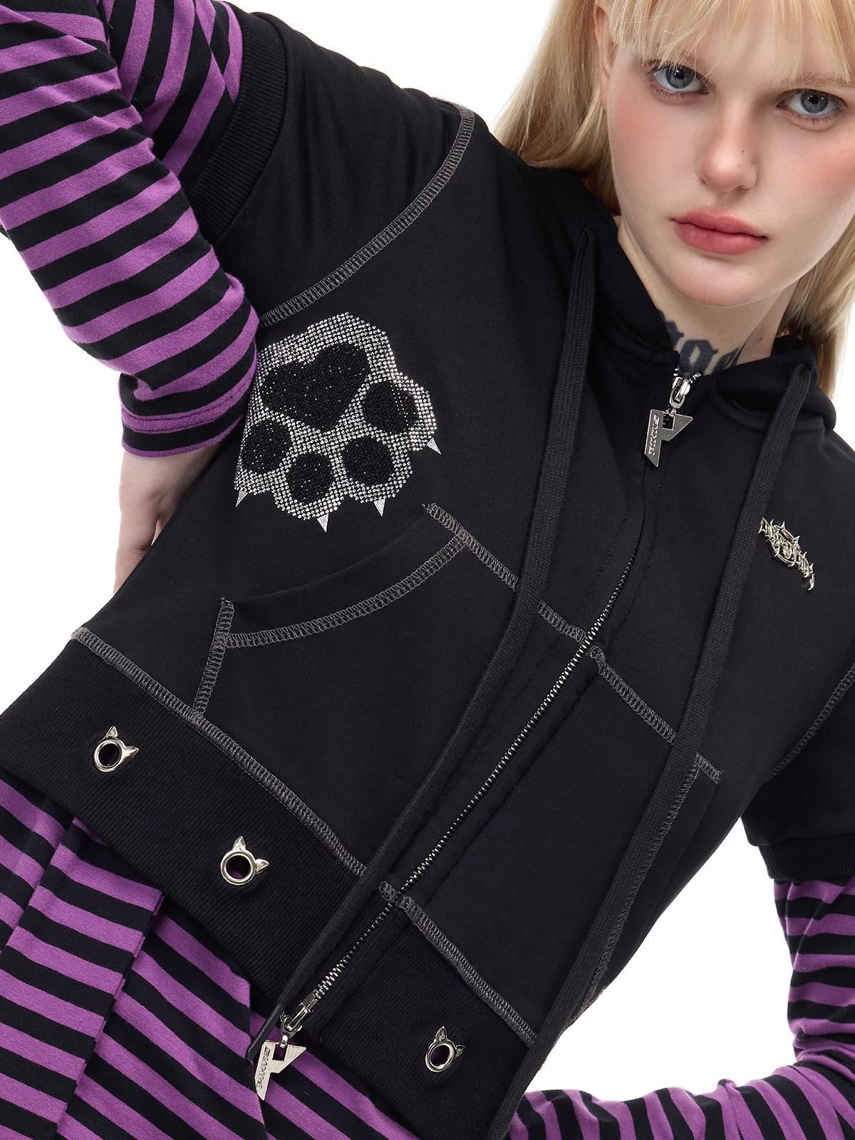 PINKSPINK Cat Ear Cat Paw Rhinestone Studded Camo Hand Distressed Women's Zip-up Hoodies