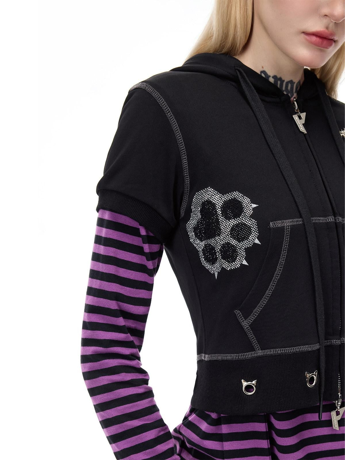 PINKSPINK Cat Ear Cat Paw Rhinestone Studded Camo Hand Distressed Women's Zip-up Hoodies
