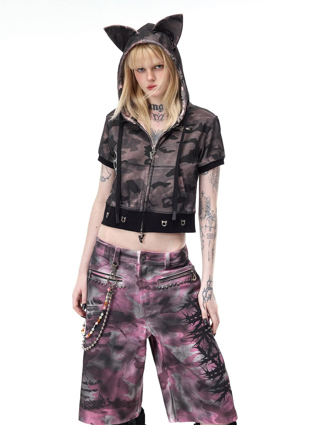 PINKSPINK Cat Ear Cat Paw Rhinestone Studded Camo Hand Distressed Women's Zip-up Hoodies