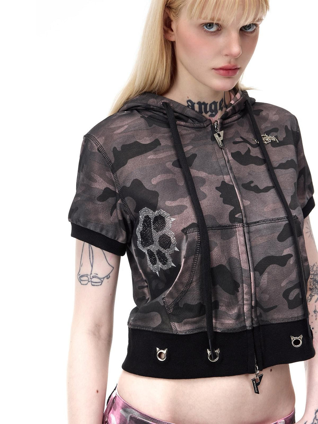 PINKSPINK Cat Ear Cat Paw Rhinestone Studded Camo Hand Distressed Women's Zip-up Hoodies