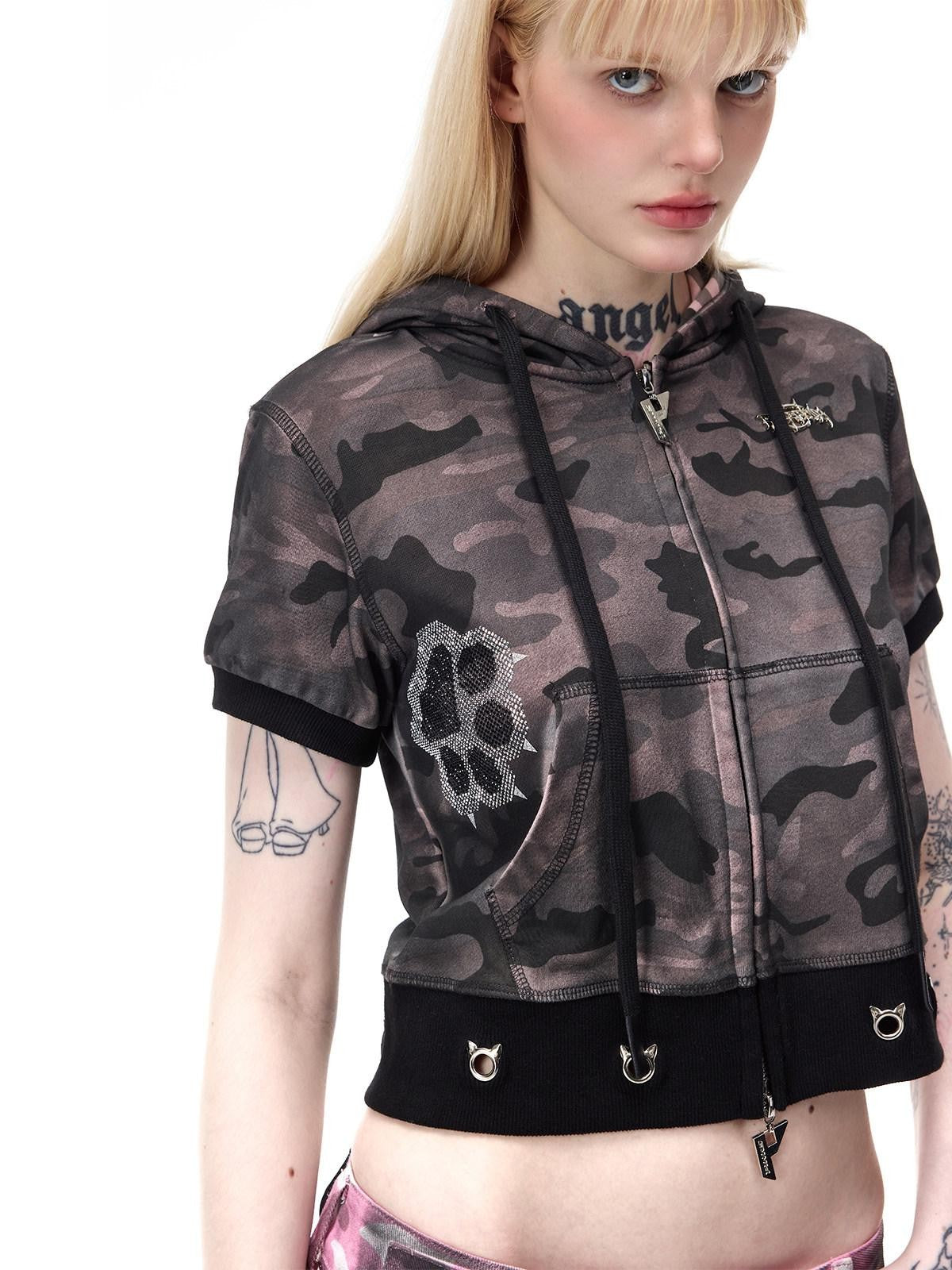 PINKSPINK Cat Ear Cat Paw Rhinestone Studded Camo Hand Distressed Women's Zip-up Hoodies