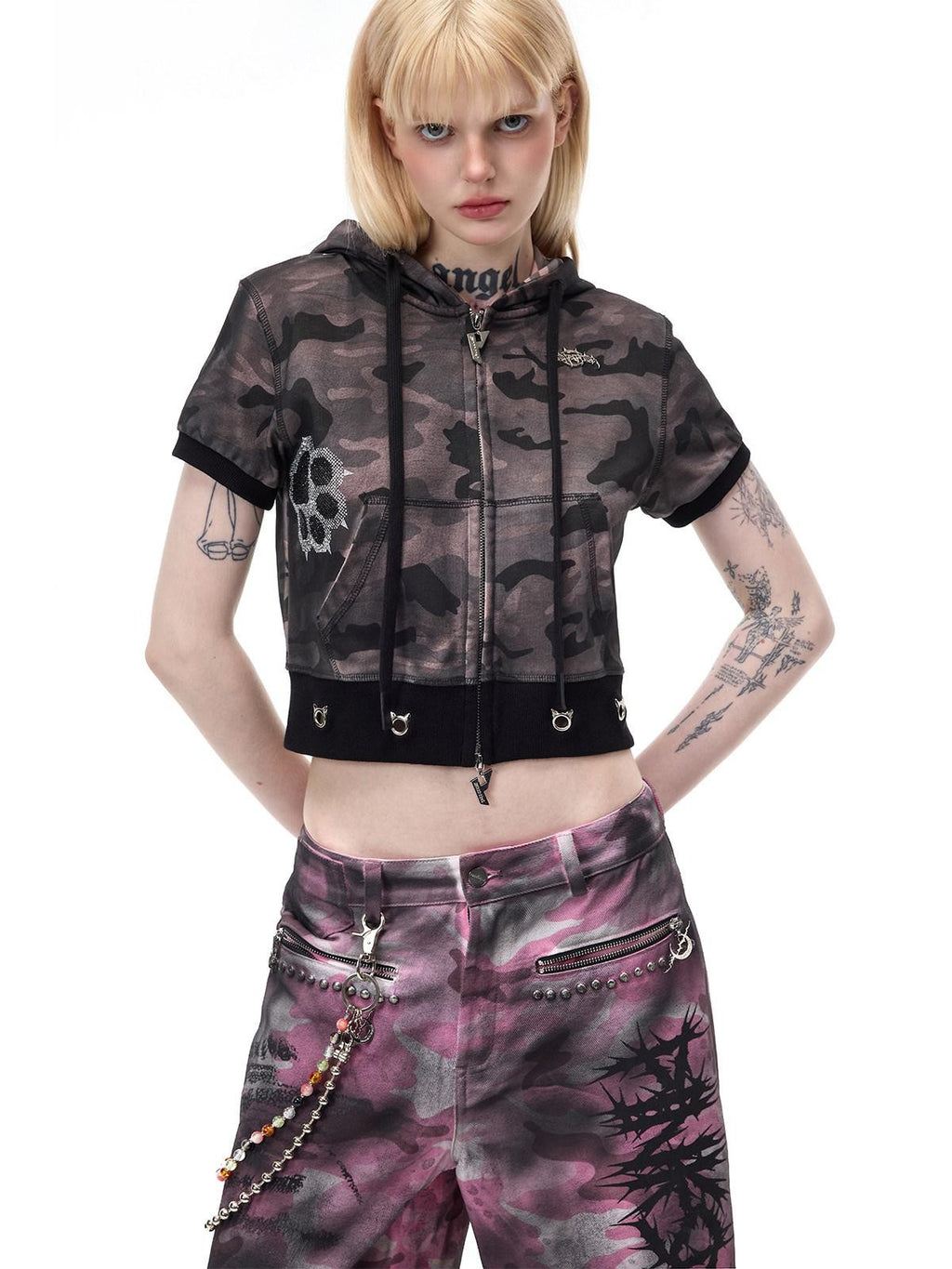 PINKSPINK Cat Ear Cat Paw Rhinestone Studded Camo Hand Distressed Women's Zip-up Hoodies