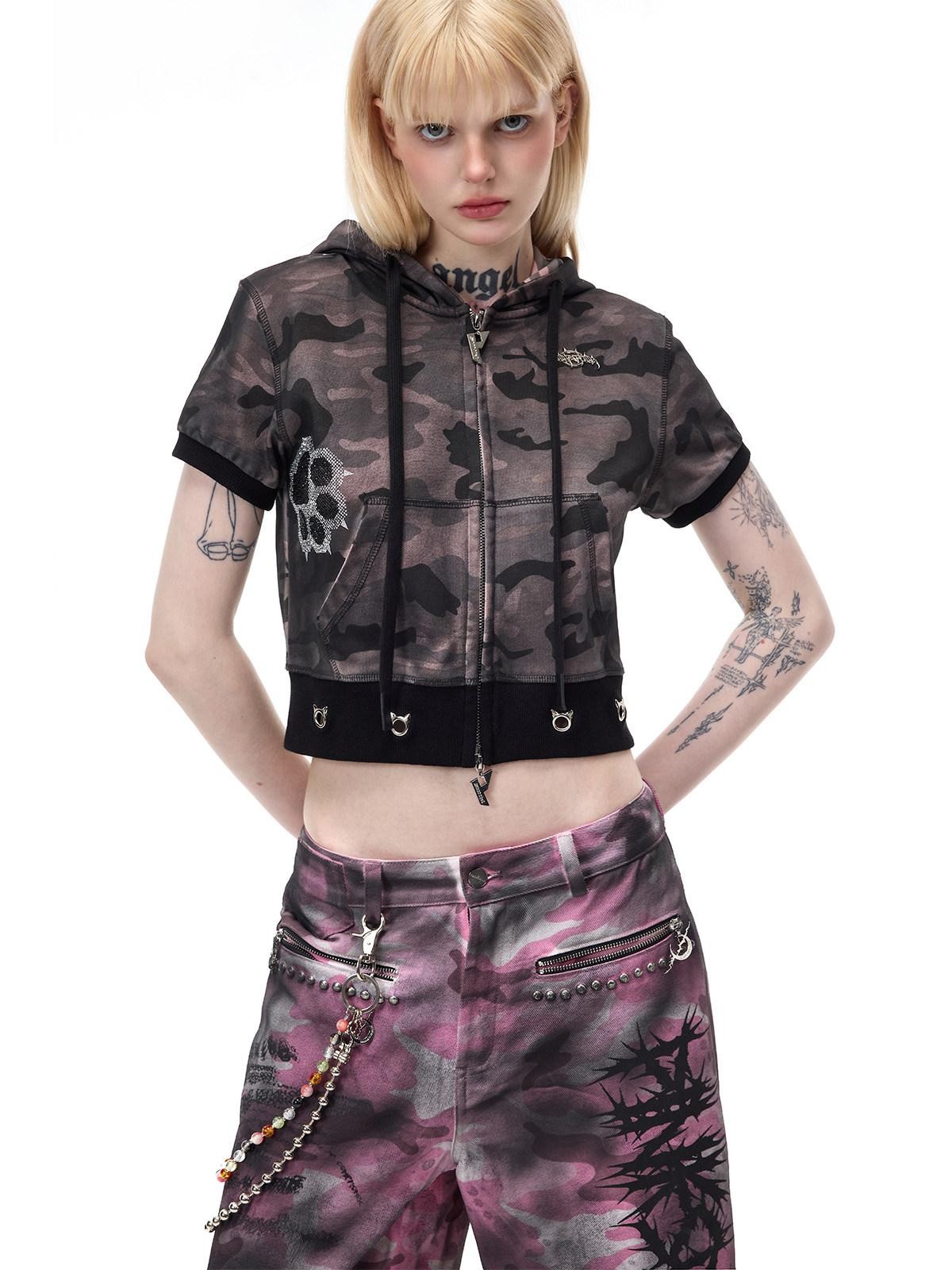 PINKSPINK Cat Ear Cat Paw Rhinestone Studded Camo Hand Distressed Women's Zip-up Hoodies