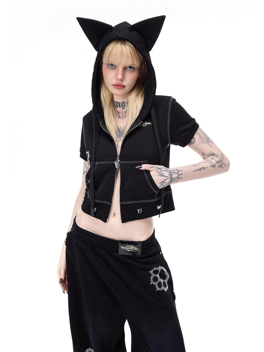 PINKSPINK Cat Ear Cat Paw Rhinestone Studded Camo Hand Distressed Women's Zip-up Hoodies