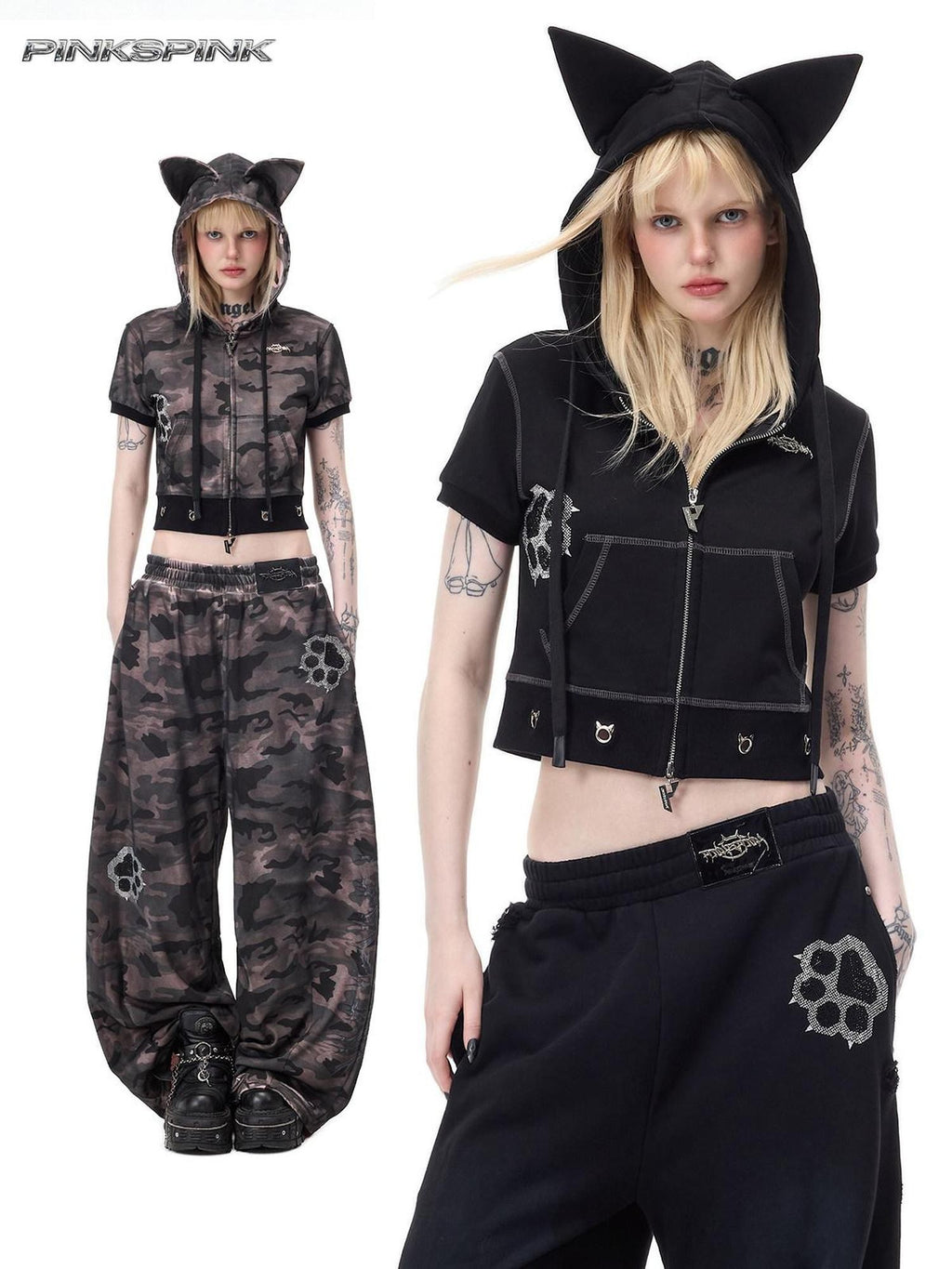 PINKSPINK Cat Ear Cat Paw Rhinestone Studded Camouflage Distressed Women's Zip-up Hoodies