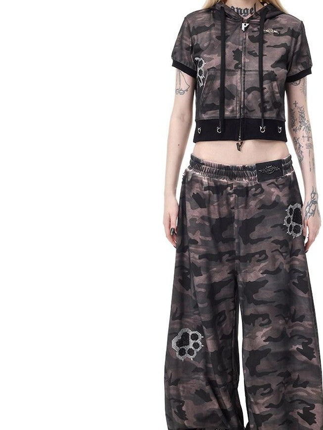 PINKSPINK Cat Ear Cat Paw Rhinestone Studded Camouflage Distressed Women's Zip-up Hoodies