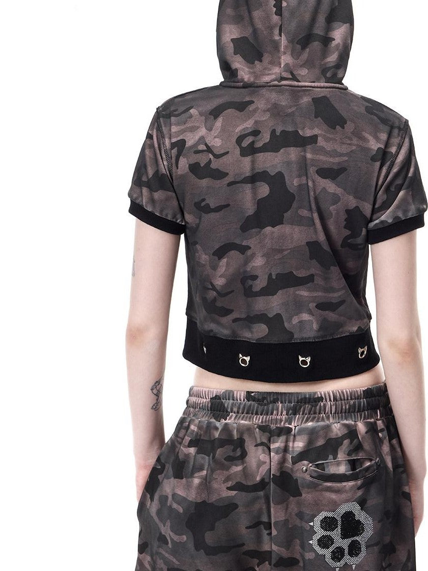 PINKSPINK Cat Ear Cat Paw Rhinestone Studded Camouflage Distressed Women's Zip-up Hoodies