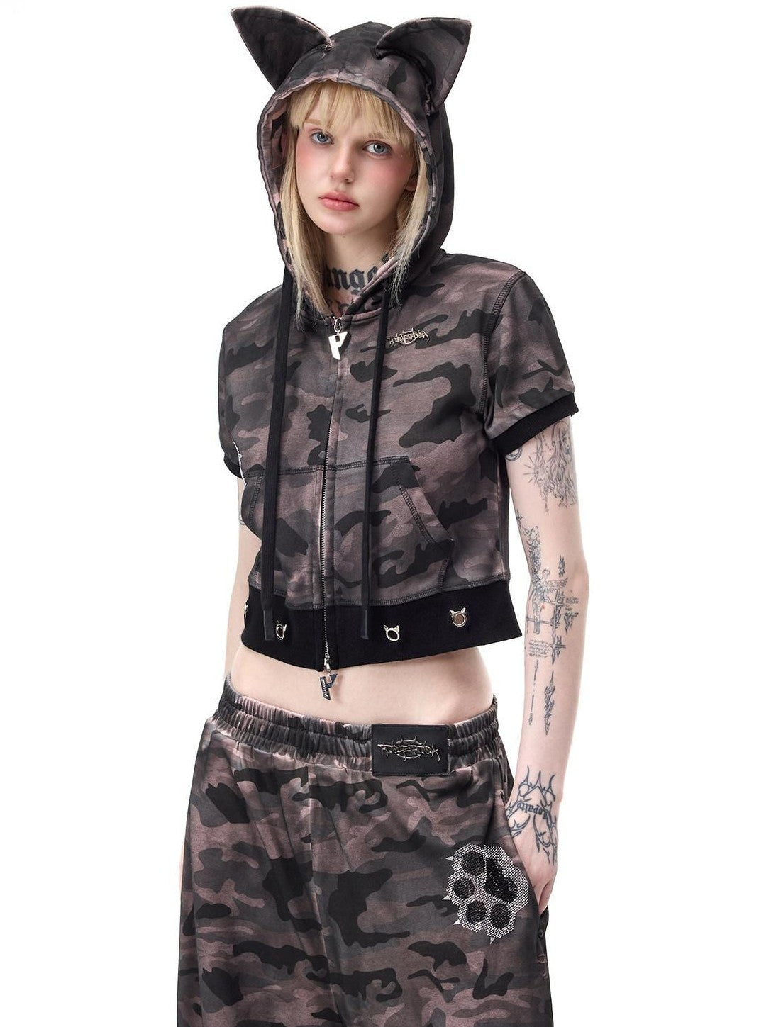 PINKSPINK Cat Ear Cat Paw Rhinestone Studded Camouflage Distressed Women's Zip-up Hoodies