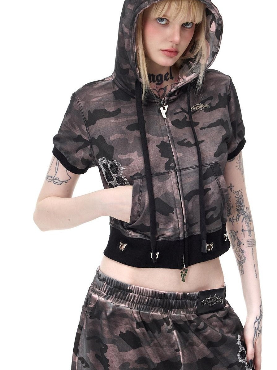 PINKSPINK Cat Ear Cat Paw Rhinestone Studded Camouflage Distressed Women's Zip-up Hoodies