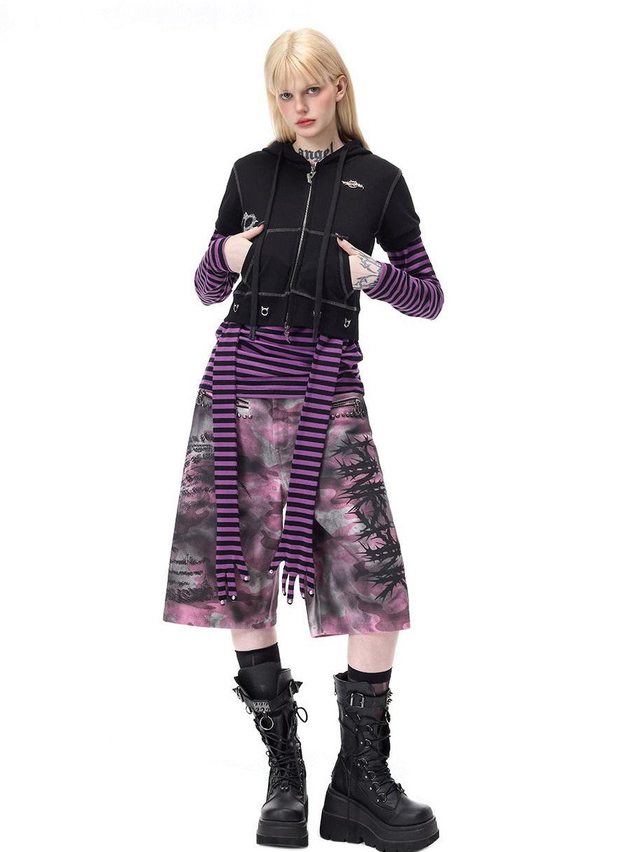 PINKSPINK Cat Ear Cat Paw Rhinestone Studded Camouflage Distressed Women's Zip-up Hoodies