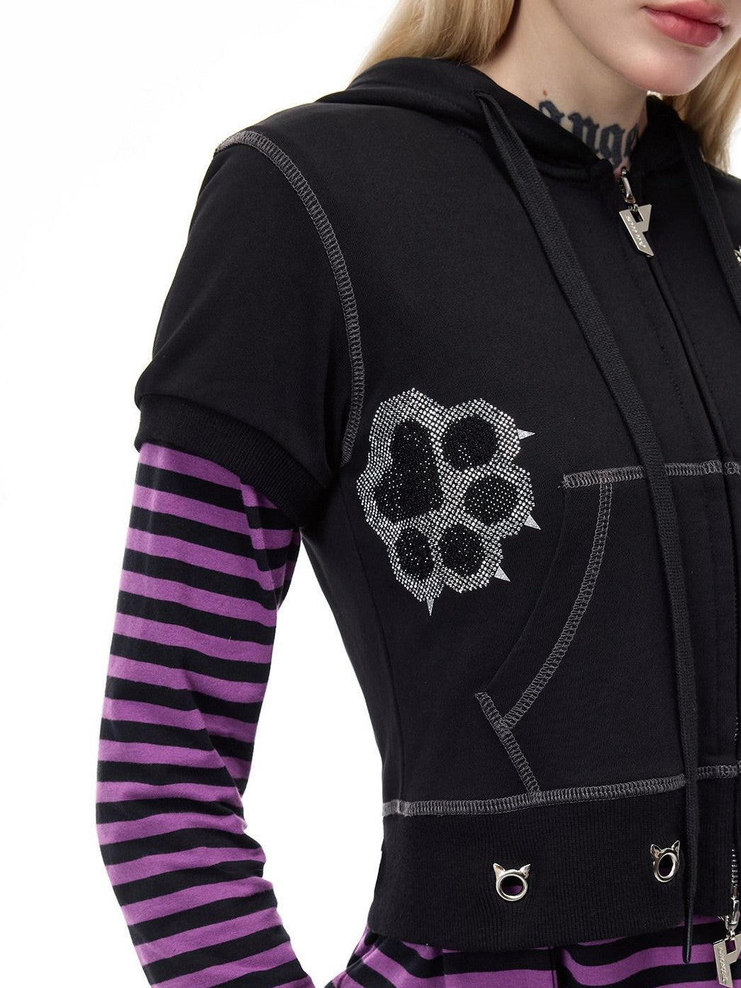 PINKSPINK Cat Ear Cat Paw Rhinestone Studded Camouflage Distressed Women's Zip-up Hoodies