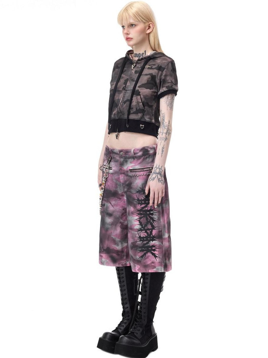 PINKSPINK Cat Ear Cat Paw Rhinestone Studded Camouflage Distressed Women's Zip-up Hoodies