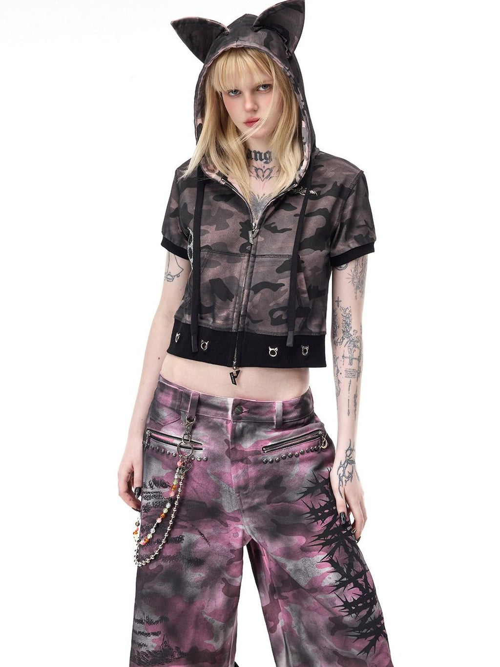 PINKSPINK Cat Ear Cat Paw Rhinestone Studded Camouflage Distressed Women's Zip-up Hoodies