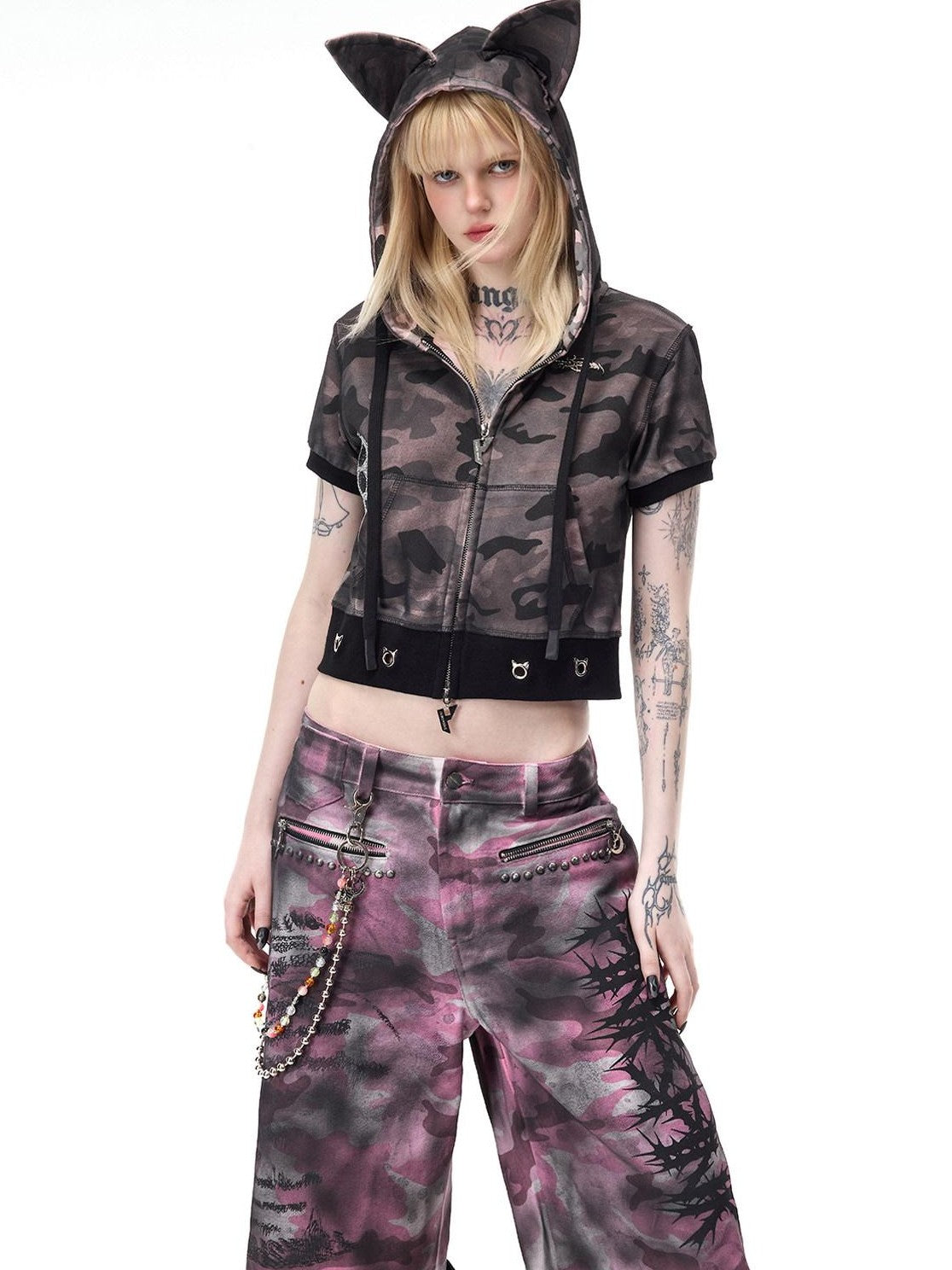 PINKSPINK Cat Ear Cat Paw Rhinestone Studded Camouflage Distressed Women's Zip-up Hoodies