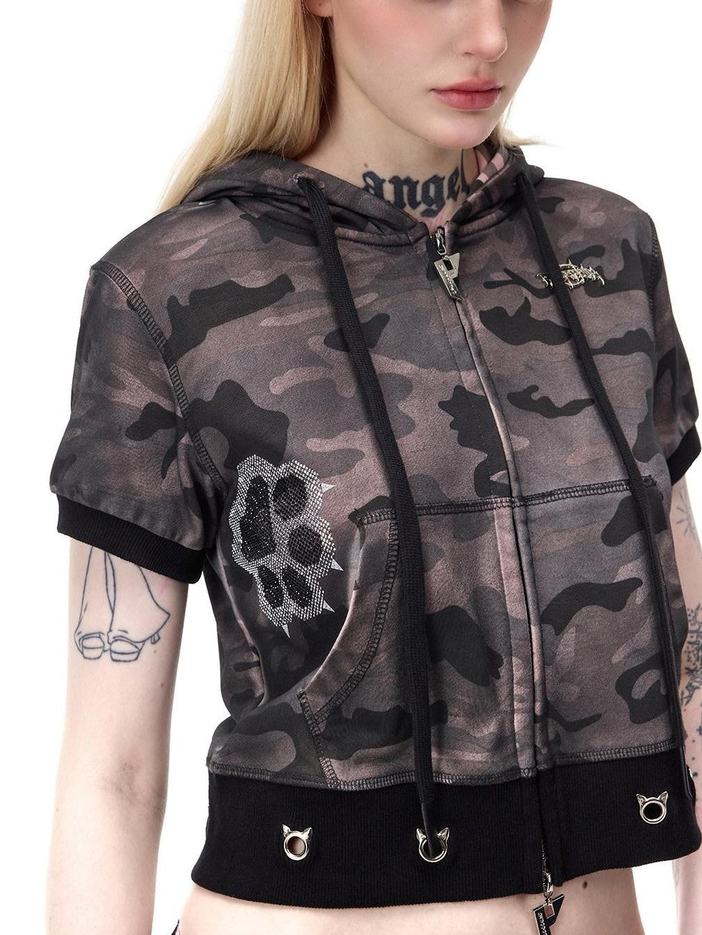 PINKSPINK Cat Ear Cat Paw Rhinestone Studded Camouflage Distressed Women's Zip-up Hoodies