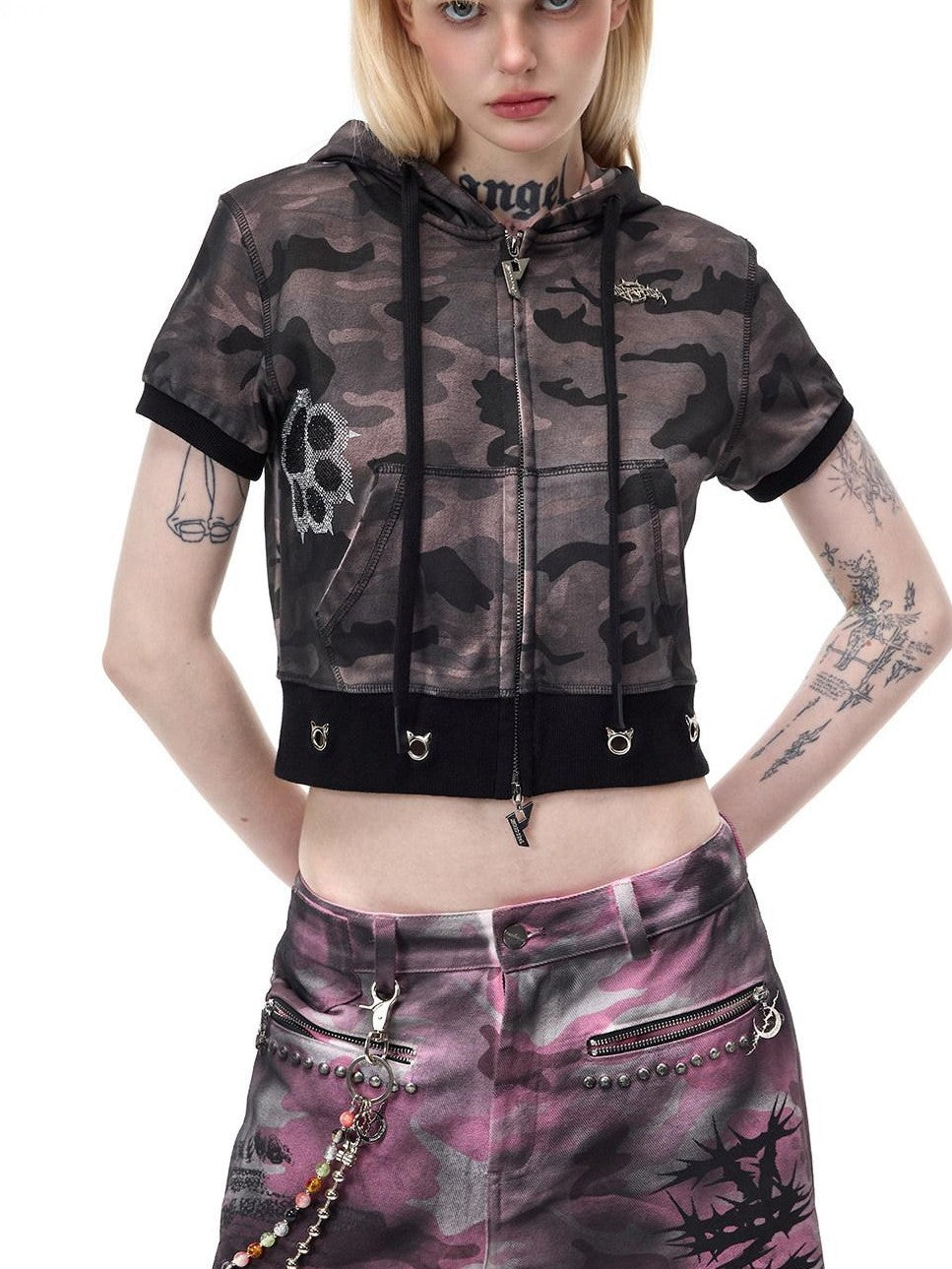 PINKSPINK Cat Ear Cat Paw Rhinestone Studded Camouflage Distressed Women's Zip-up Hoodies