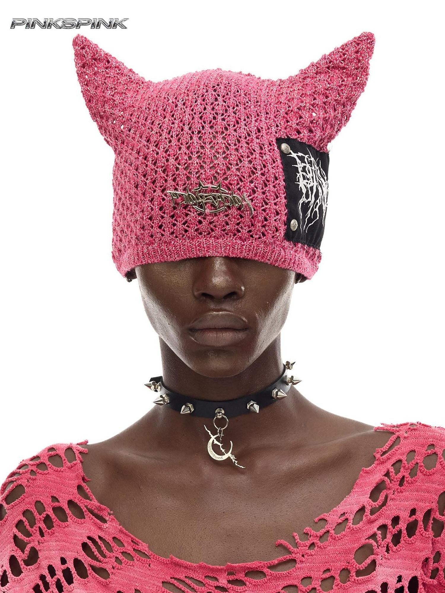 PINKSPINK Cat Ear Cutout Devil Letter Knitted Women's Yarn Knit Beanies