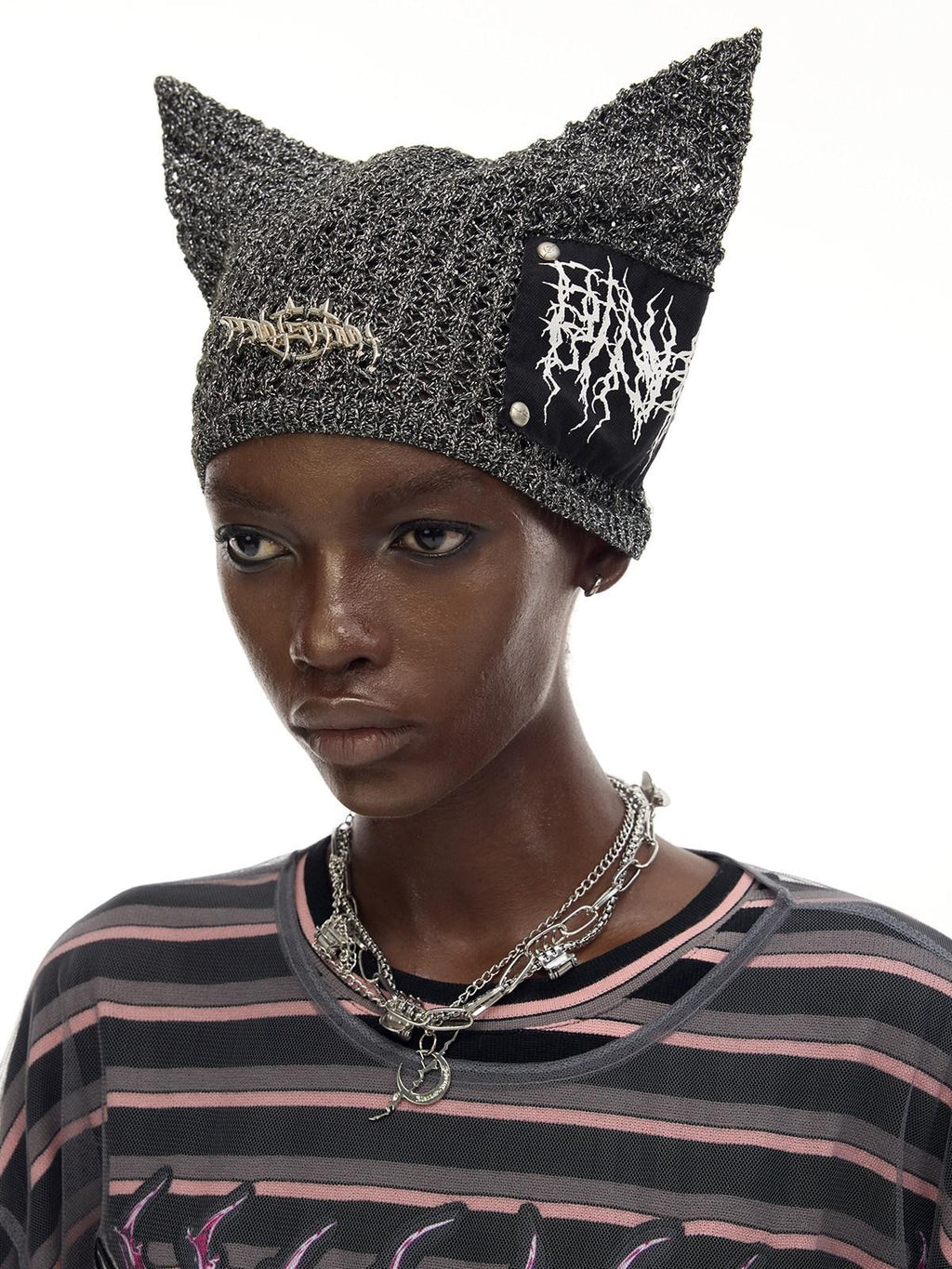PINKSPINK Cat Ear Cutout Devil Letter Knitted Women's Yarn Knit Beanies