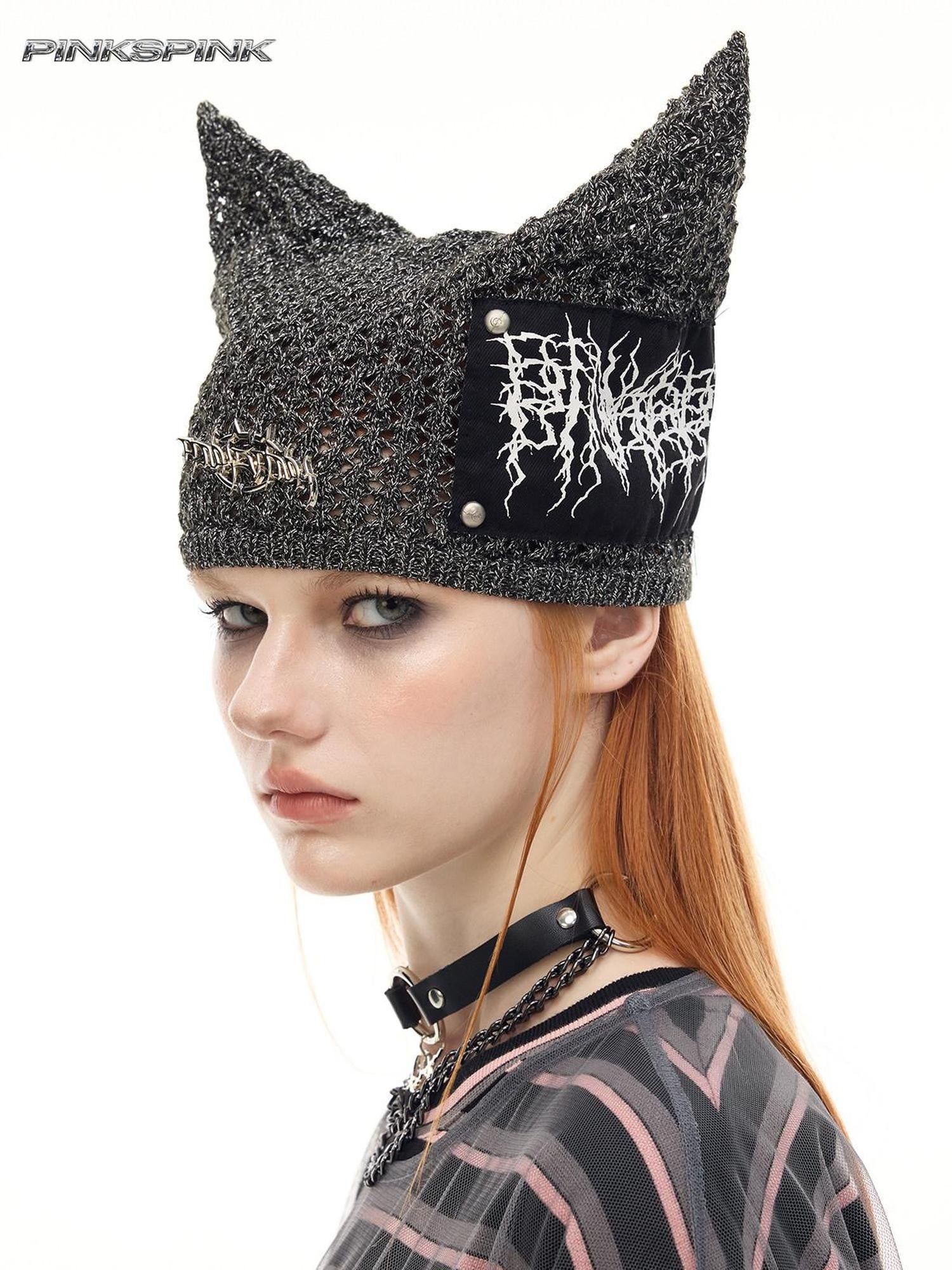 PINKSPINK Cat Ear Cutout Devil Letter Knitted Women's Yarn Knit Beanies