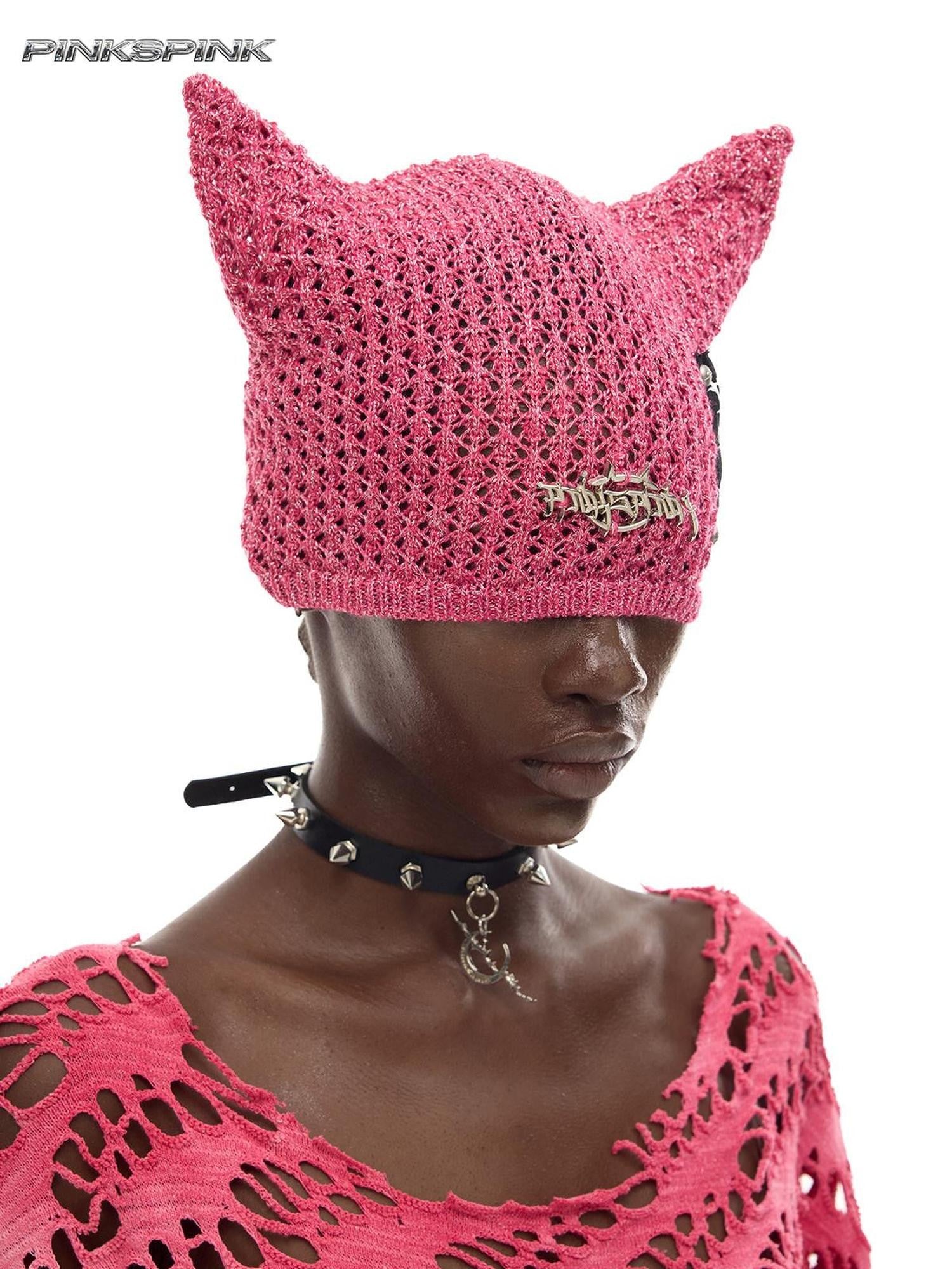 PINKSPINK Cat Ear Cutout Devil Letter Knitted Women's Yarn Knit Beanies