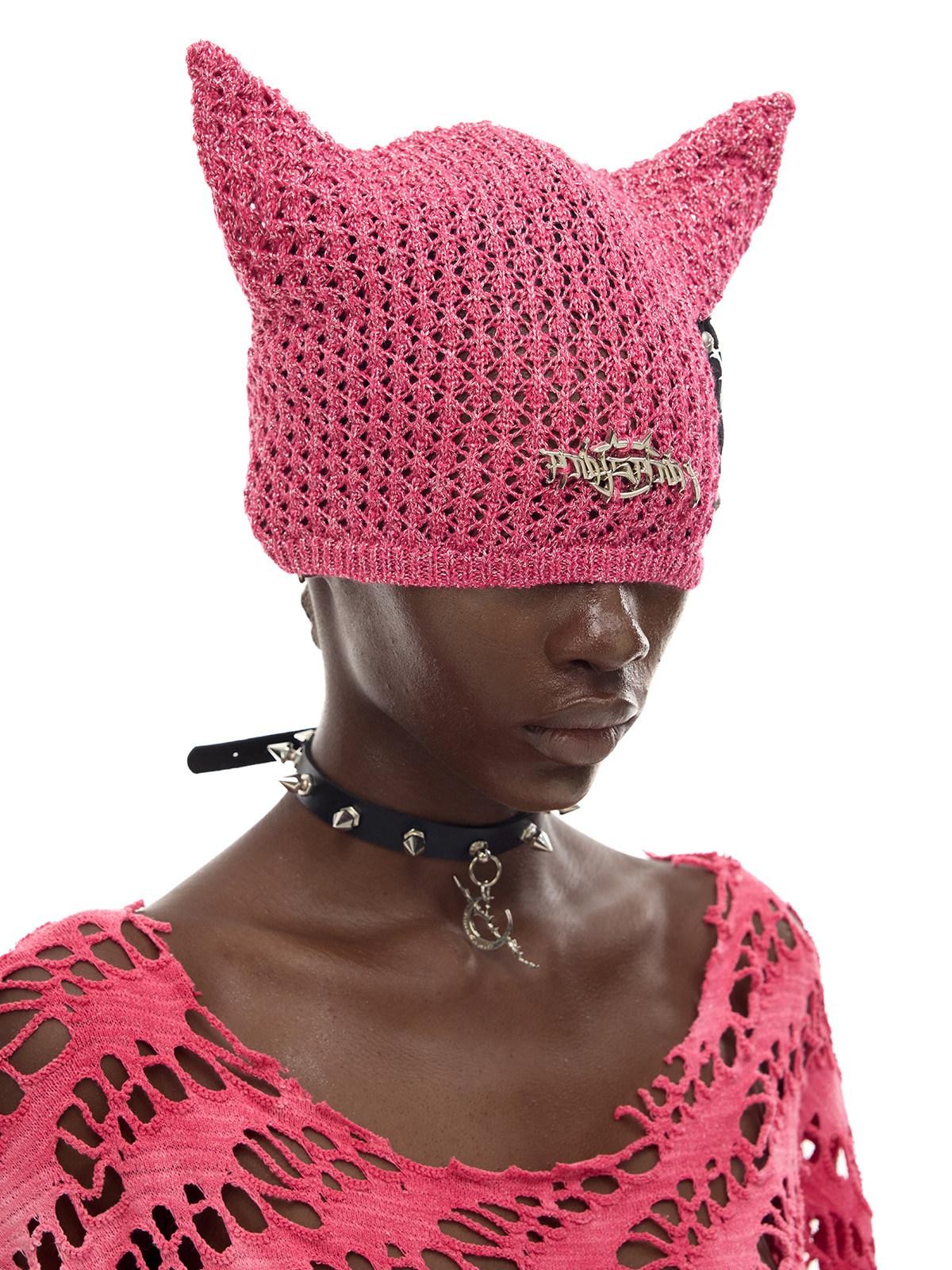 PINKSPINK Cat Ear Cutout Devil Letter Knitted Women's Yarn Knit Beanies