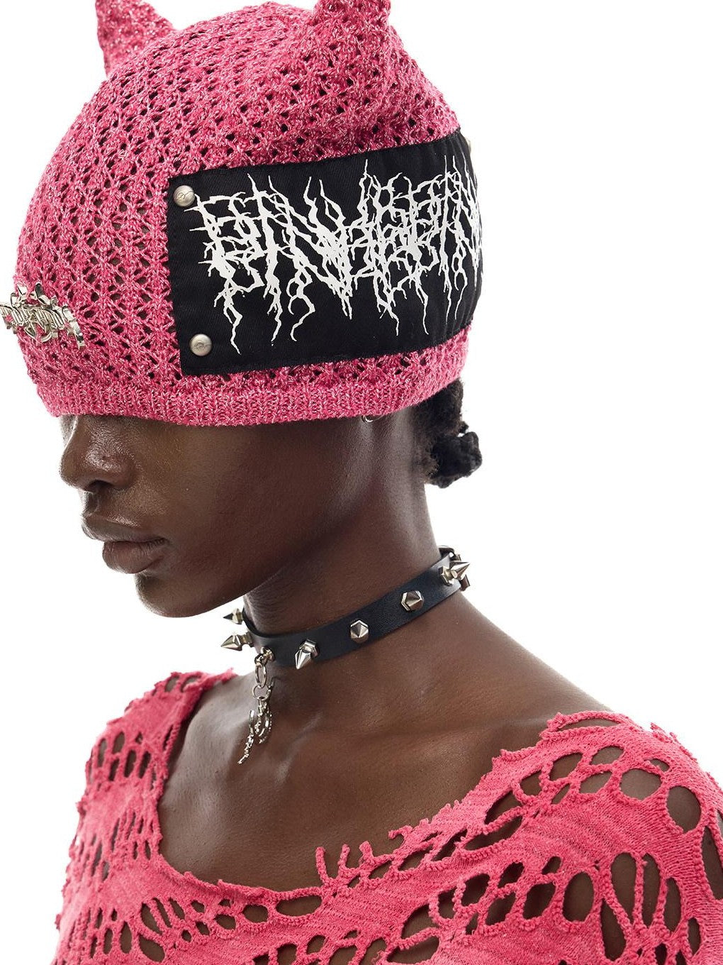 PINKSPINK Cat Ear Eyelet Lettering Knitted Mini Devil Women's Yarn Knit Beanies
