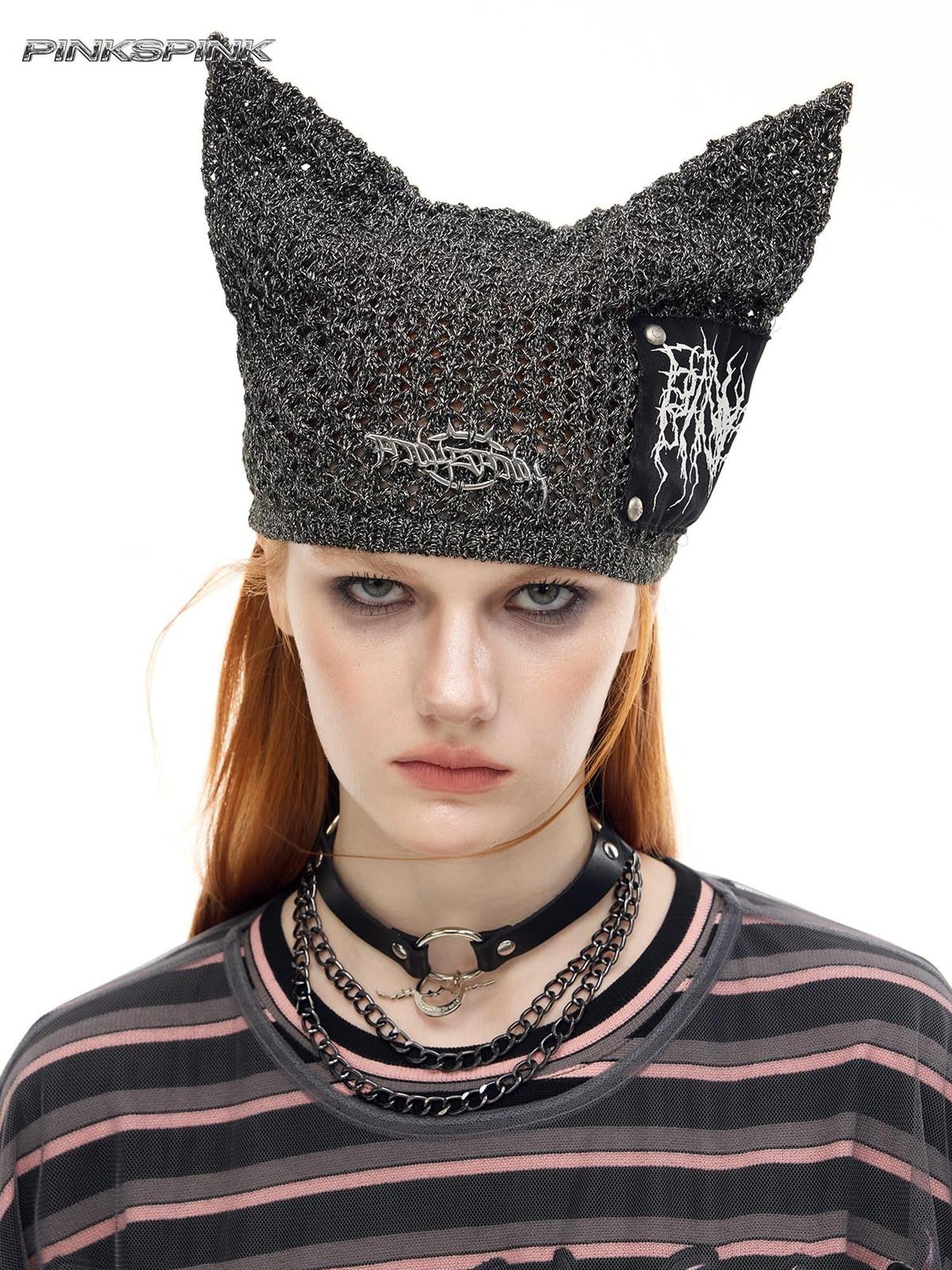 PINKSPINK Cat Ear Eyelet Lettering Knitted Mini Devil Women's Yarn Knit Beanies